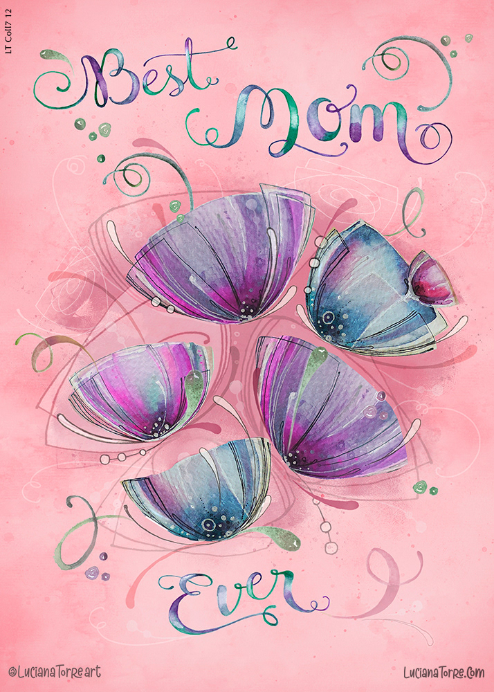 Greeting card design featuring whimsical watercolor illustrations of purple flowers and hand-lettered text saying 'Best Mom Ever' on a pink background.