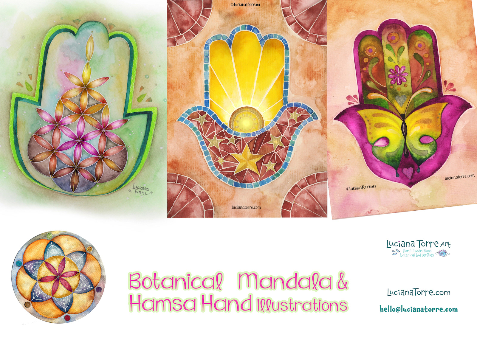 nature-inspired watercolor illustrations of botanical designs, featuring symmetrical florals and foliage in mandala compositions with uplifting hand lettering with self-care quotes.
