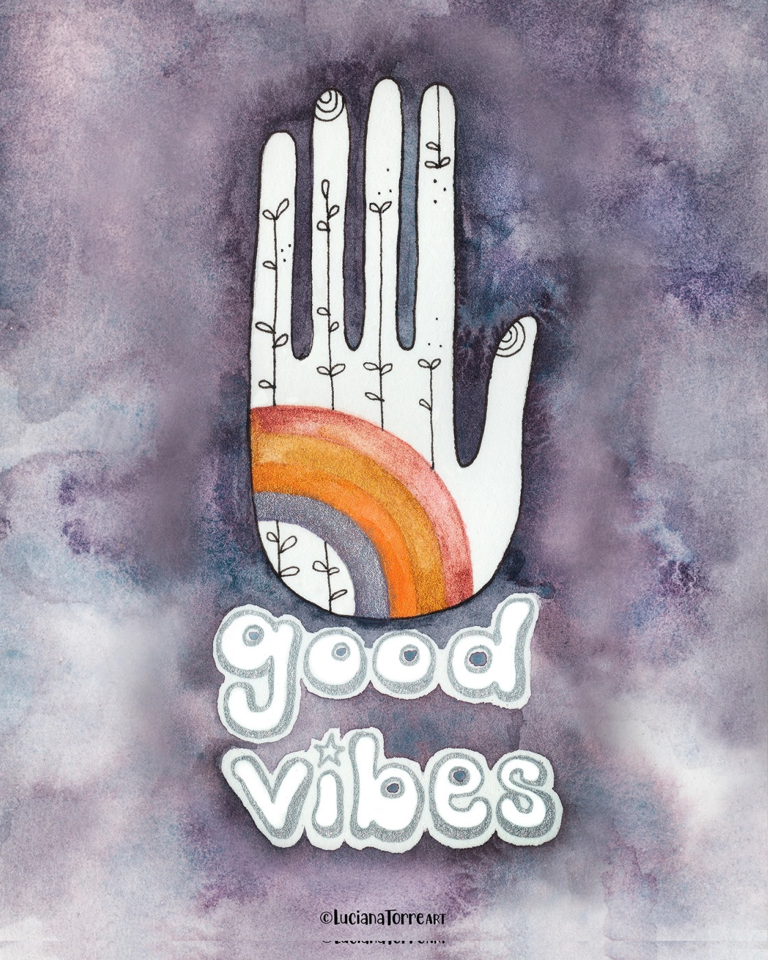 A watercolor illustration featuring a hand with floral details and a multi-colored rainbow, accompanied by the phrase 'good vibes' in a playful font against a purple textured background.