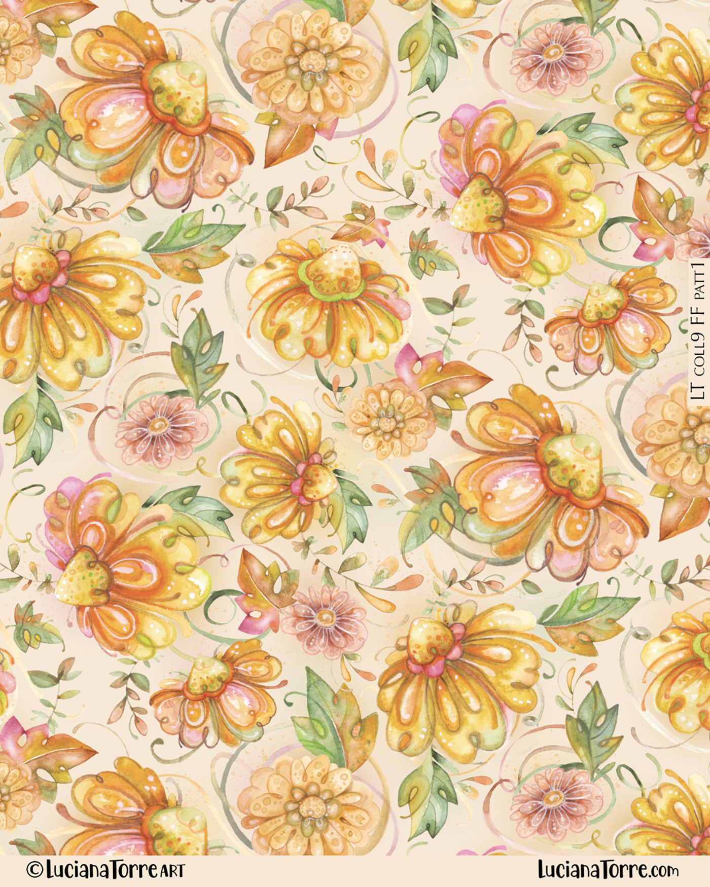 A seamless pattern of hand-painted watercolor flowers in warm autumn colors, featuring large blooms in shades of yellow and orange, accented by delicate leaves and swirling vines against a light background.
