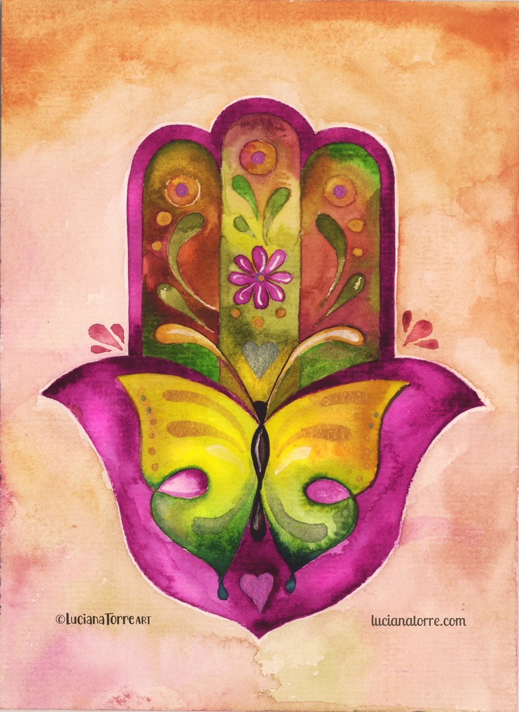 A vibrant watercolor illustration featuring a butterfly at the center of a hand design, embellished with floral and leafy patterns, radiating a sense of harmony and spirituality.