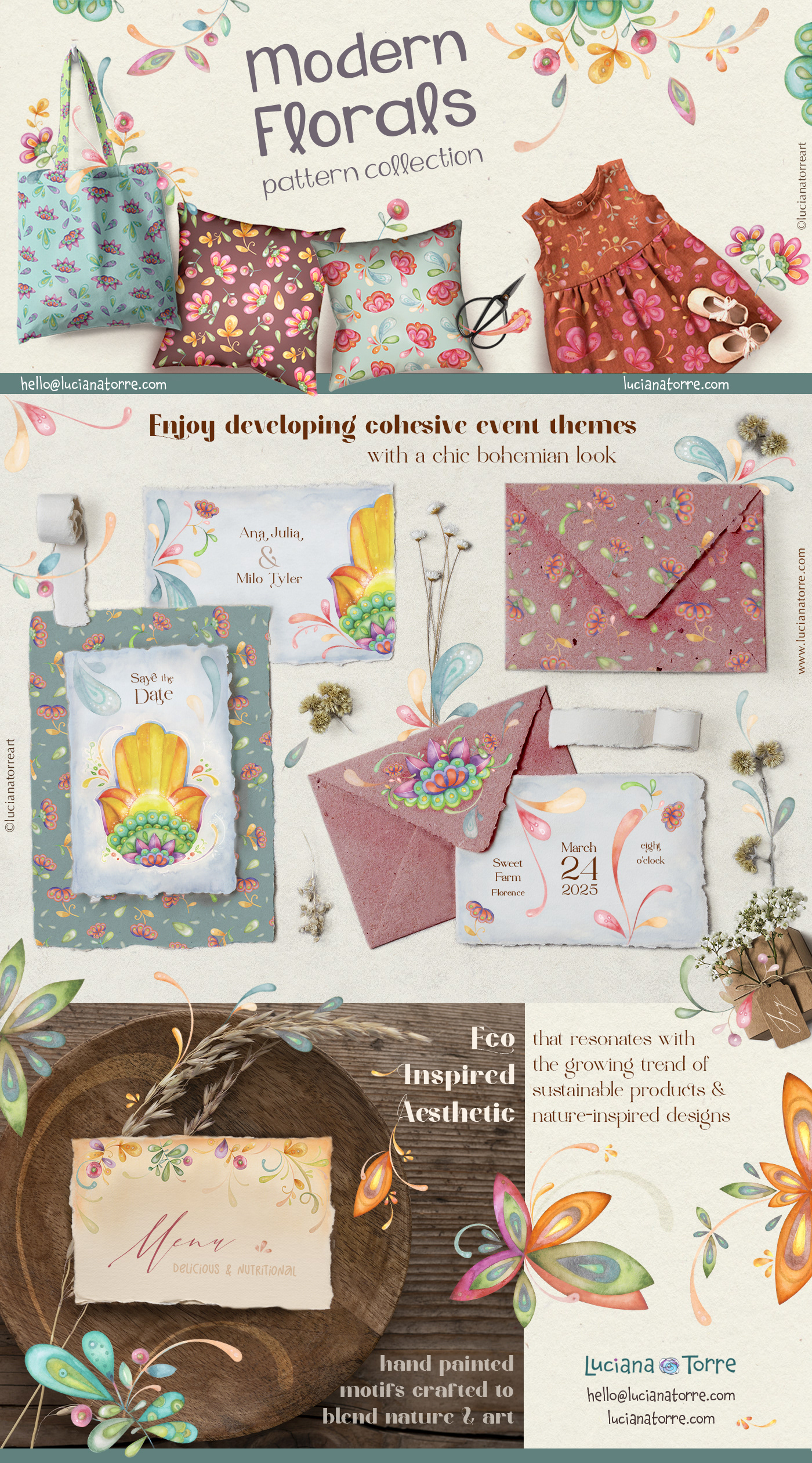 Hand-painted floral patterns for textiles, printing fabrics, home decor, and stationery. This bohemian-inspired design collection blends modern florals with geometric botanicals, perfect for fabric prints, wedding invitations, and nature-themed branding.