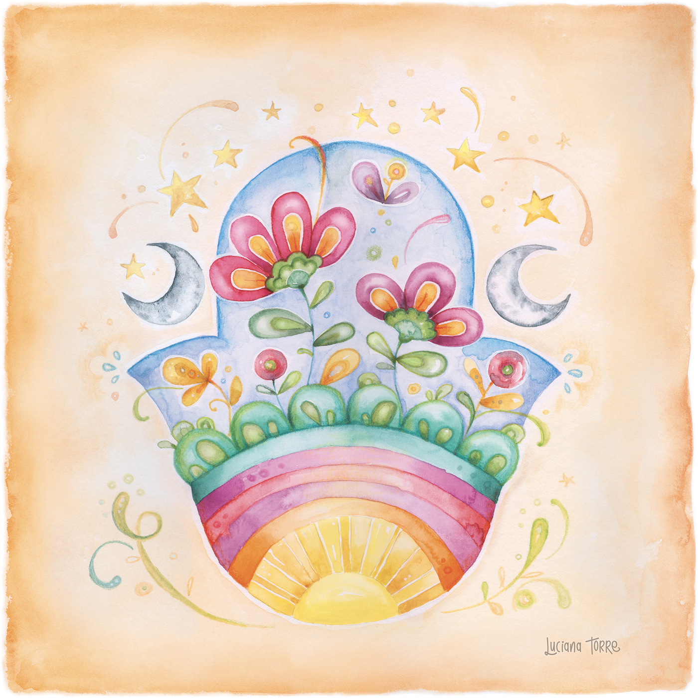 mandala design hand painted in watercolours in earthy orange pink purple violet and golden yellow. boho illustration of sacred geometry art with uplifting positive quote of self care hand drawn by lettering artist Luciana Torre Art ideal for home decor and wall art.