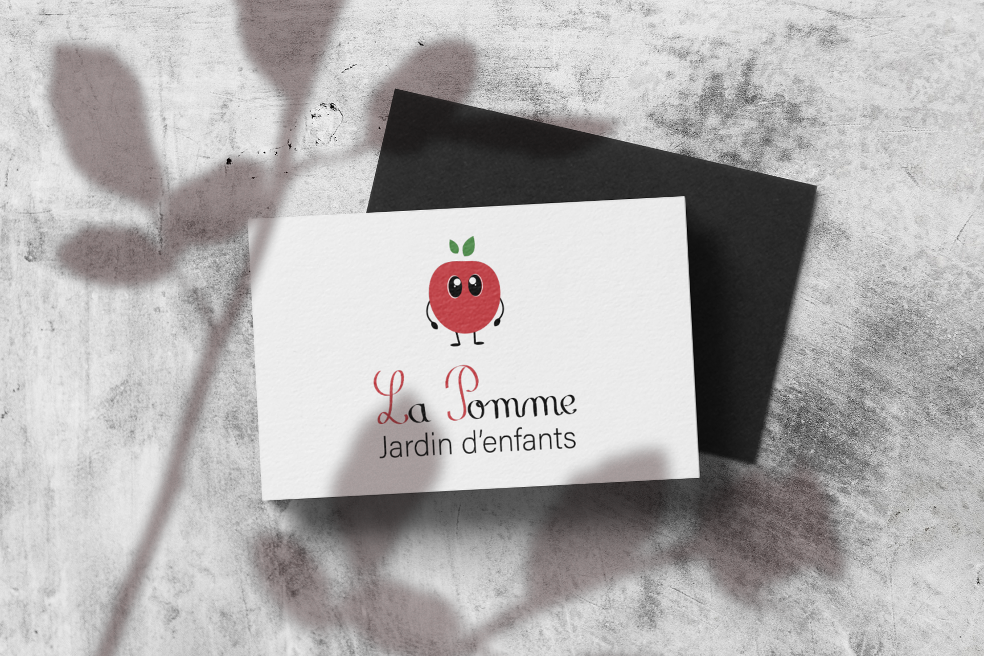 La Pomme is a Swiss kindergarten aiming at sensitizing children to environmental topics, teaching them how to observe and respect nature. This place allows kids to contemplate ponies and pigs, look at insects, pick up chestnuts or acorns, grow fruits and vegetables in the garden and cook with them. La Pomme in French means "The Apple". To design the logo, I have personified this fruit in a playful way, giving it eyes, arms and legs. The name itself is handwritten, the way kids learn to write at school.