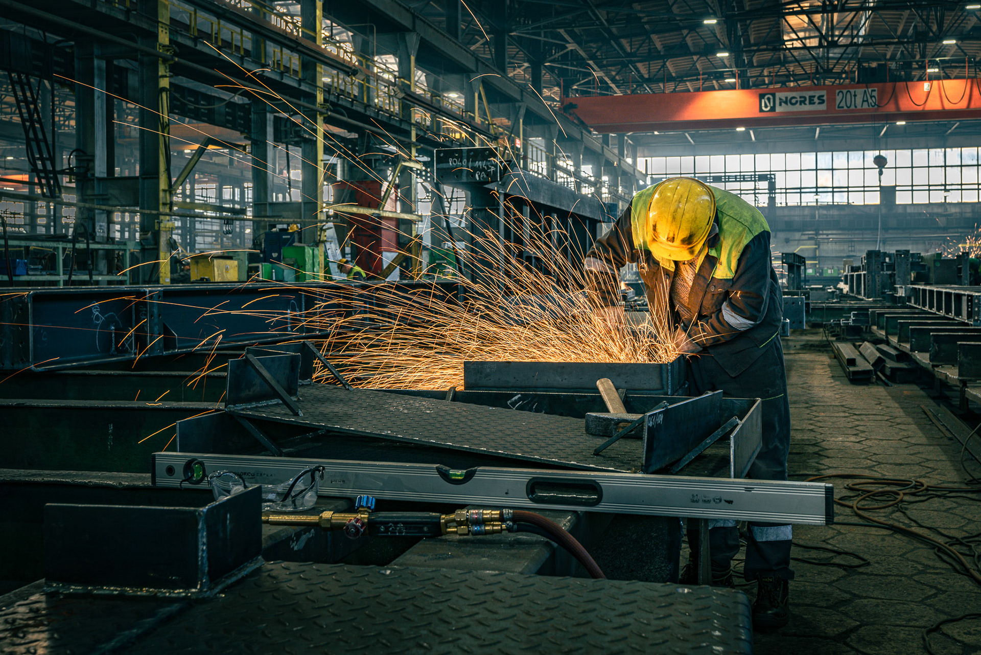Welder, Mostostal Kraków, Worker, Industrial photographer, sparks, industrial interior, sadecki.photo, personal protective equipment