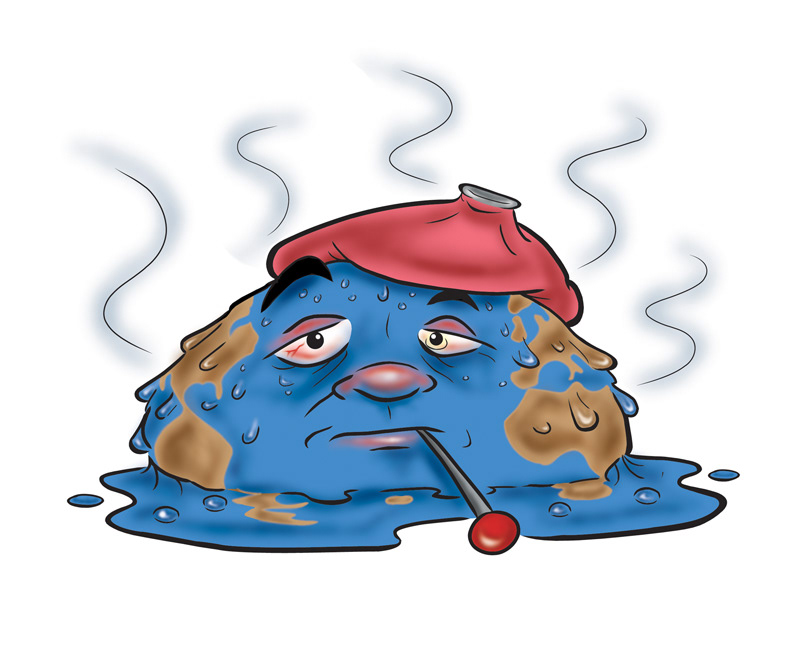 cartoon illustration of a melting earth with thermometer in mouth
