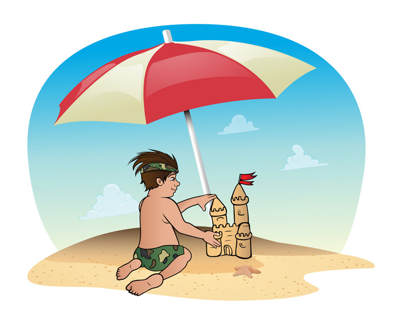 cartoon boy building sandcastle at beach