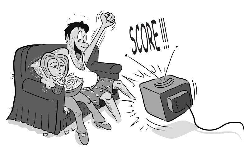 cartoon slacker guy watching TV with miserable wife