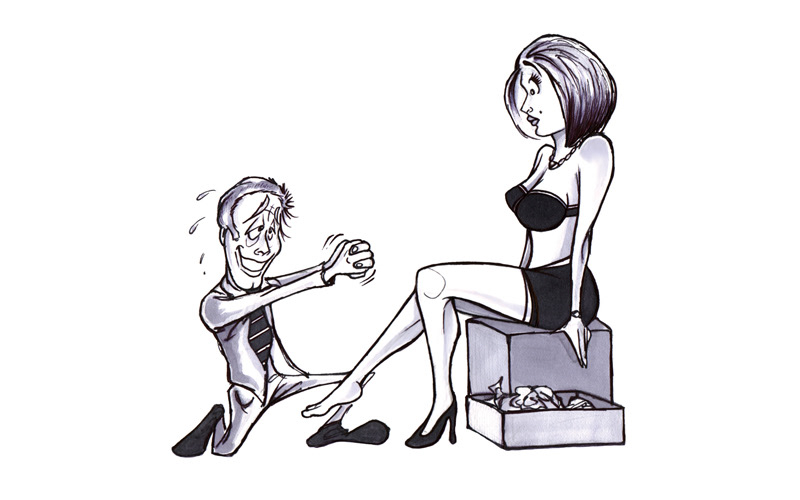 cartoon illustration of a desperate shoe salesman kneeling and begging for love from an attractive female in a mini-skirt