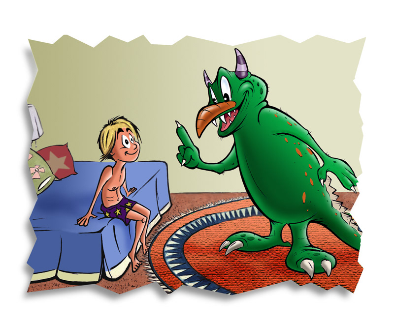 cartoon illustration of a green friendly monster talking to a young blond boy sitting on a bed