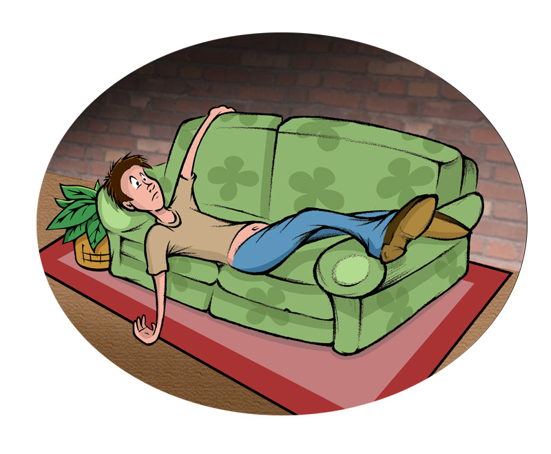 cartoon illustration of a guy lounging on a green old couch in a dark basement looking anxious