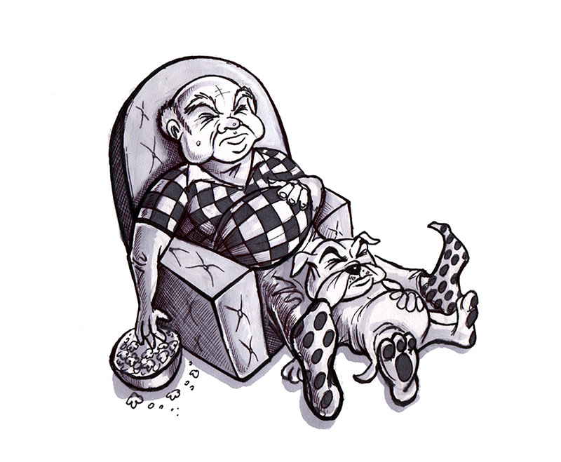 cartoon illustration of a old man sleeping on a recliner with his bulldog also sleeping at his feet