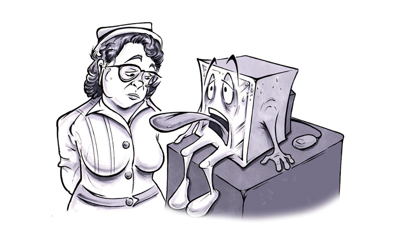 cartoon illustration of a female nurse looking at a sick sweating computer with tongue sticking out