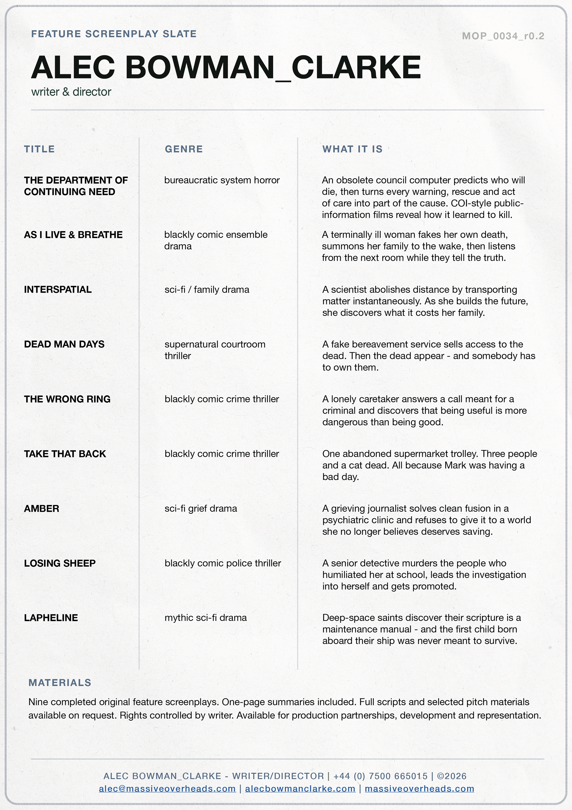 Alec Bowman_Clarke feature screenplay slate — nine titles with genre and logline