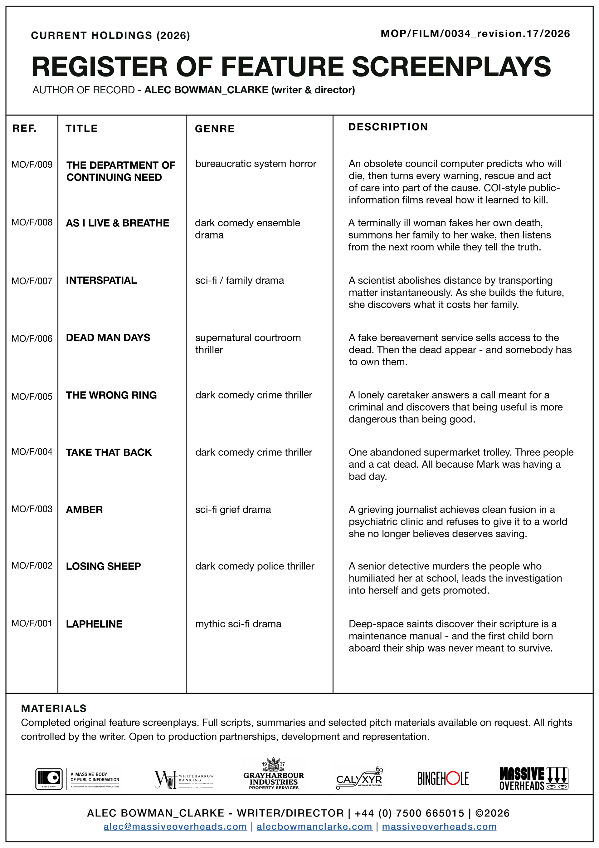 2026 register of feature screenplays by Alec Bowman_Clarke, listing nine projects with reference numbers, genres and brief descriptions.