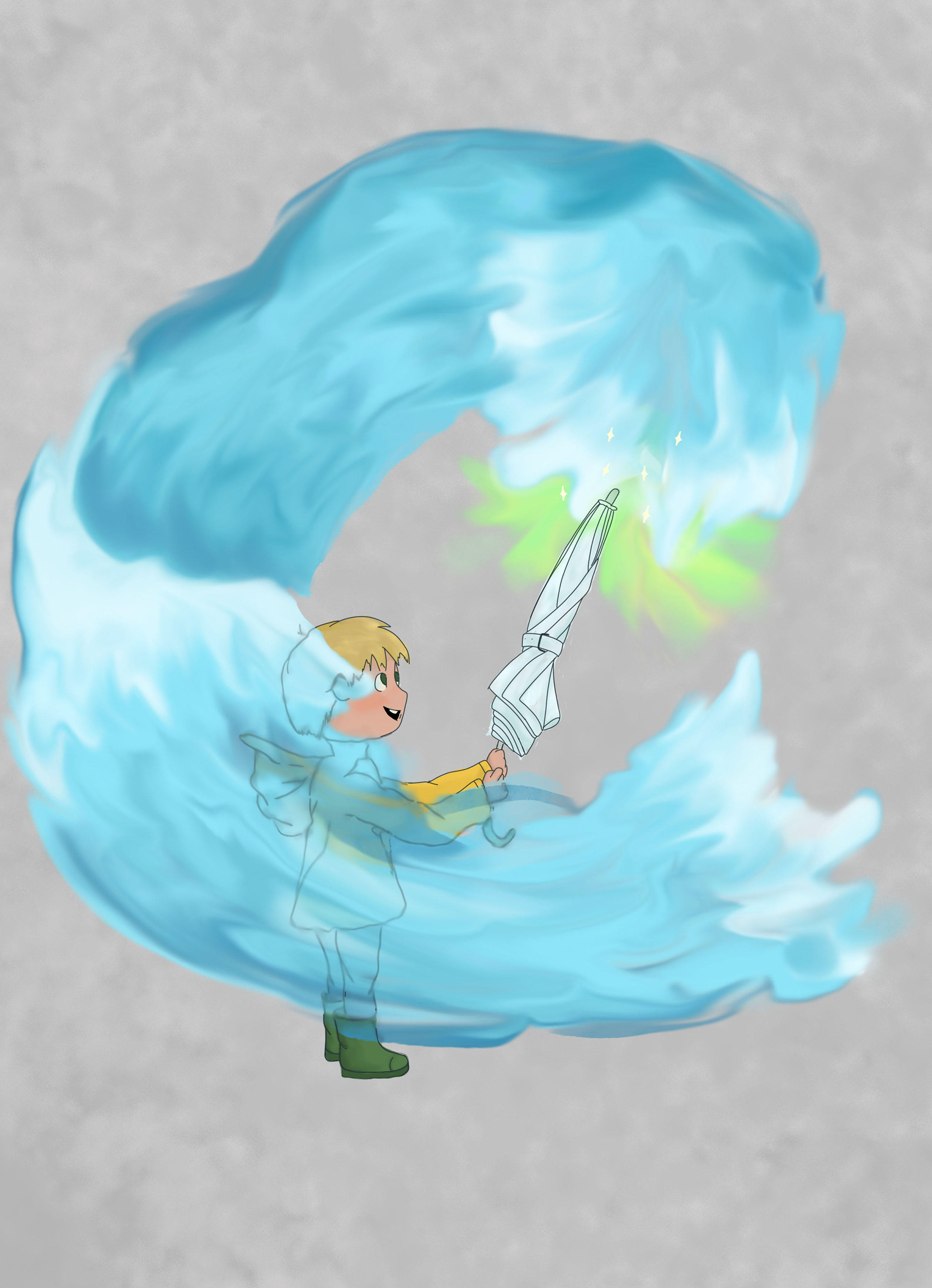 The Boy And The Magic Umbrella, 2024, digital illustration using Adobe Photoshop, 9 x 12 in. 