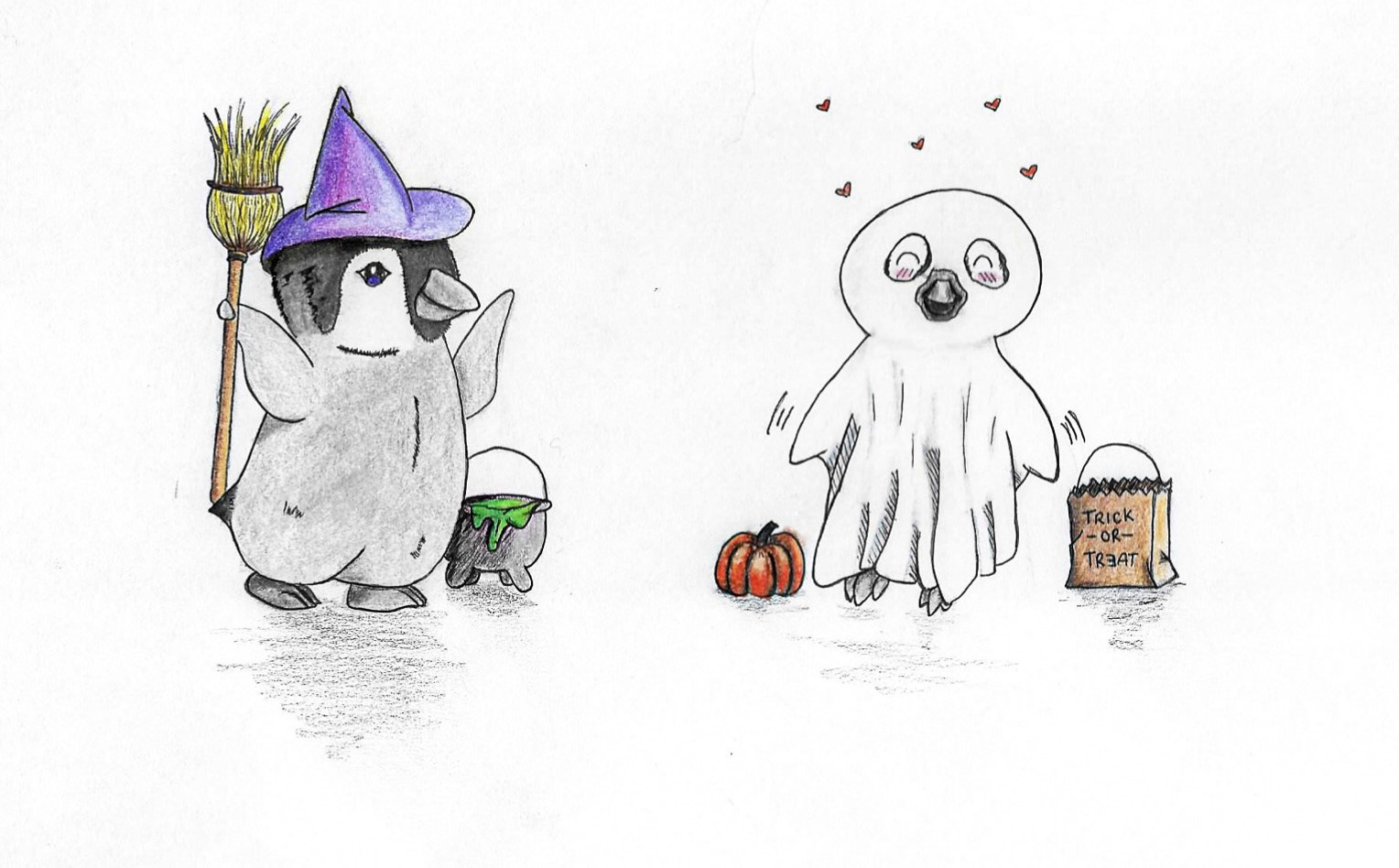 Spooky Penguins, 2020, mixed media on paper and digital illustration created with Adobe Procreate, 8 x 12 in. 
