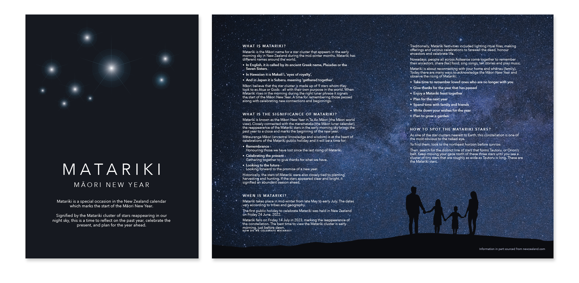 Design of brochure explaining Matariki, and the customs associated in starting the Māori New Year.