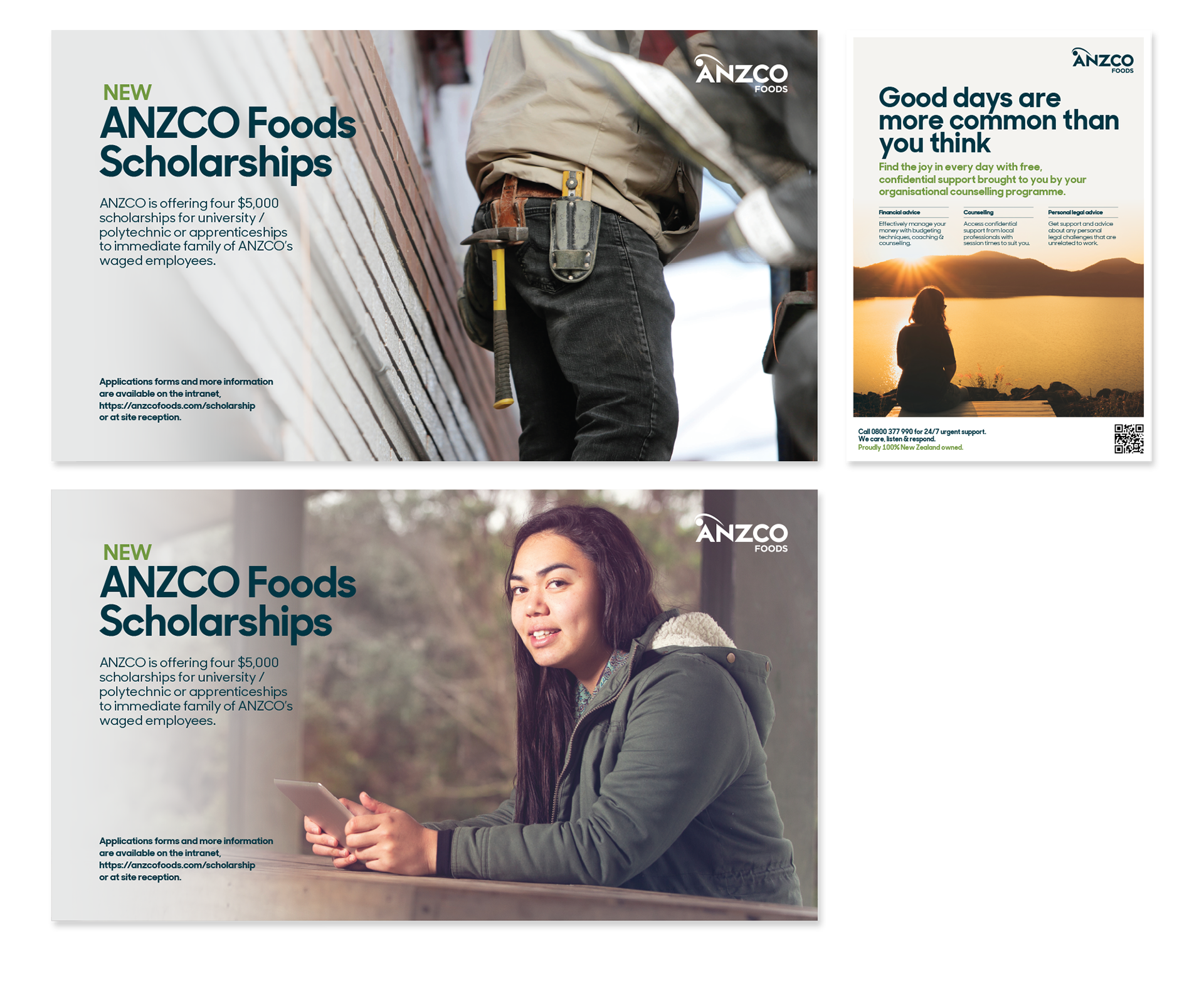 Design of various posters to support corporate employees including wellbeing and education scholarships.