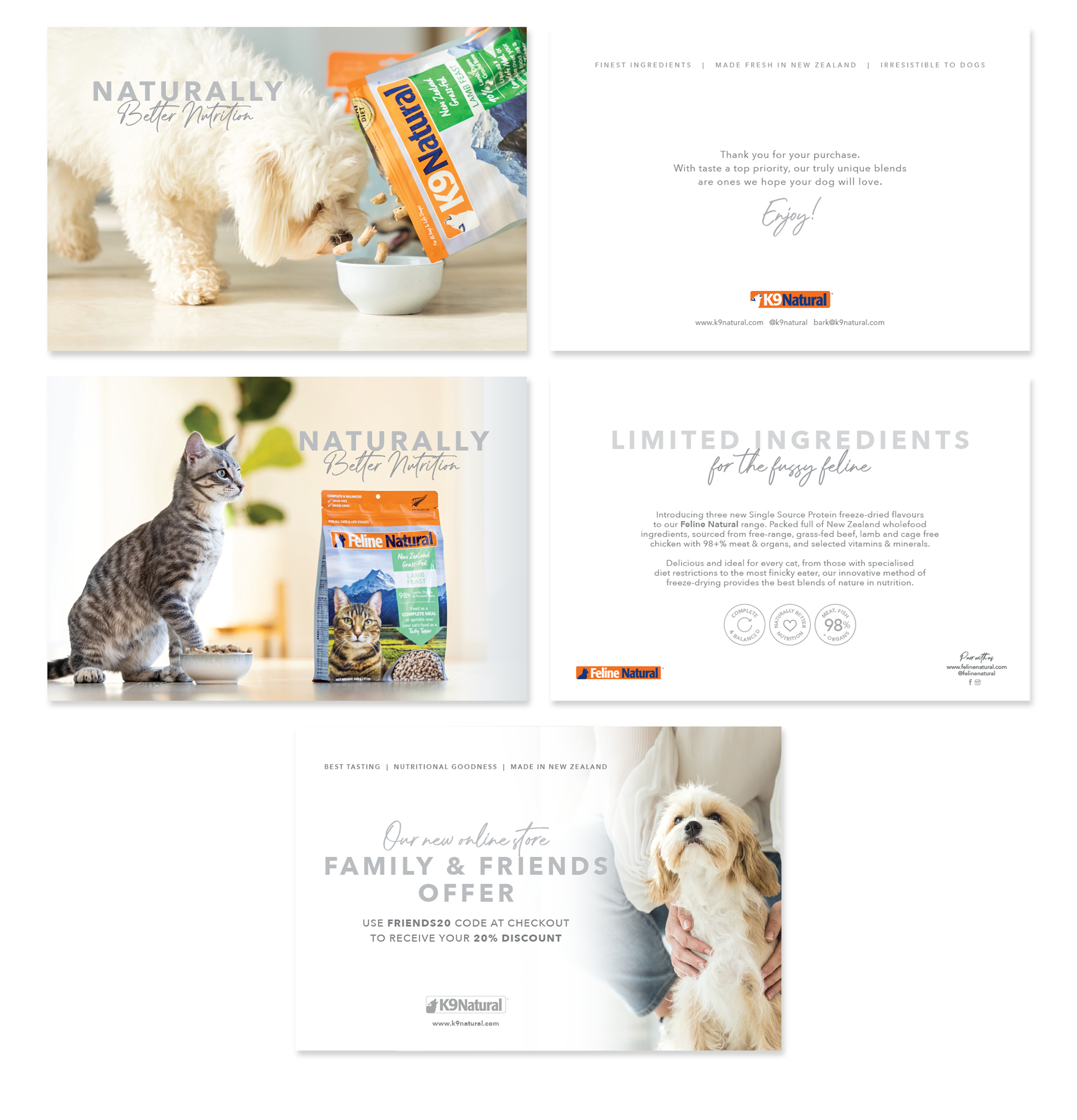Design of promotional postcards for natural pet food.