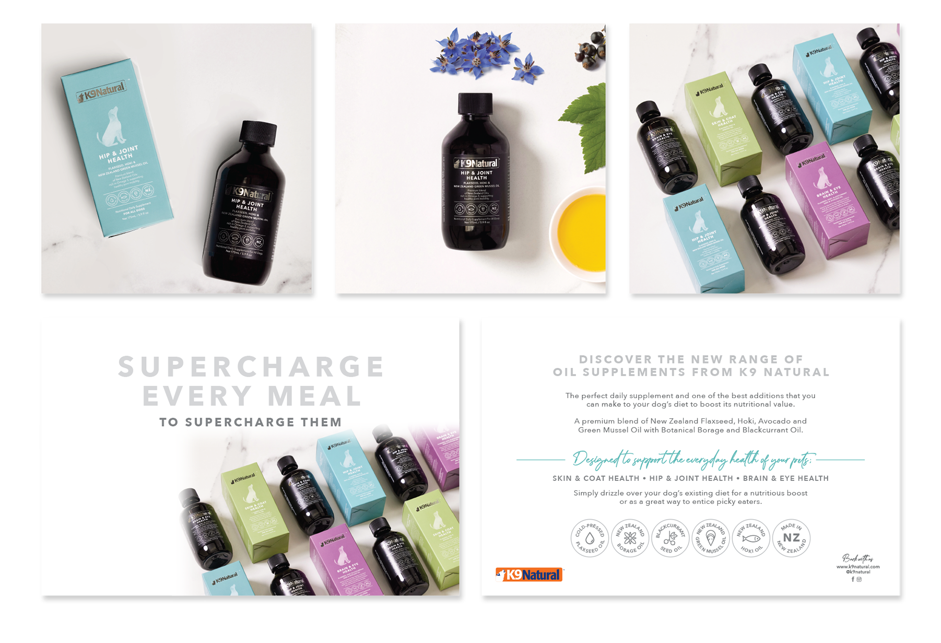 Design of collateral for Oil Supplement for dogs, including bottle label, packaging box, promotional postcards, posters and social media posts. 