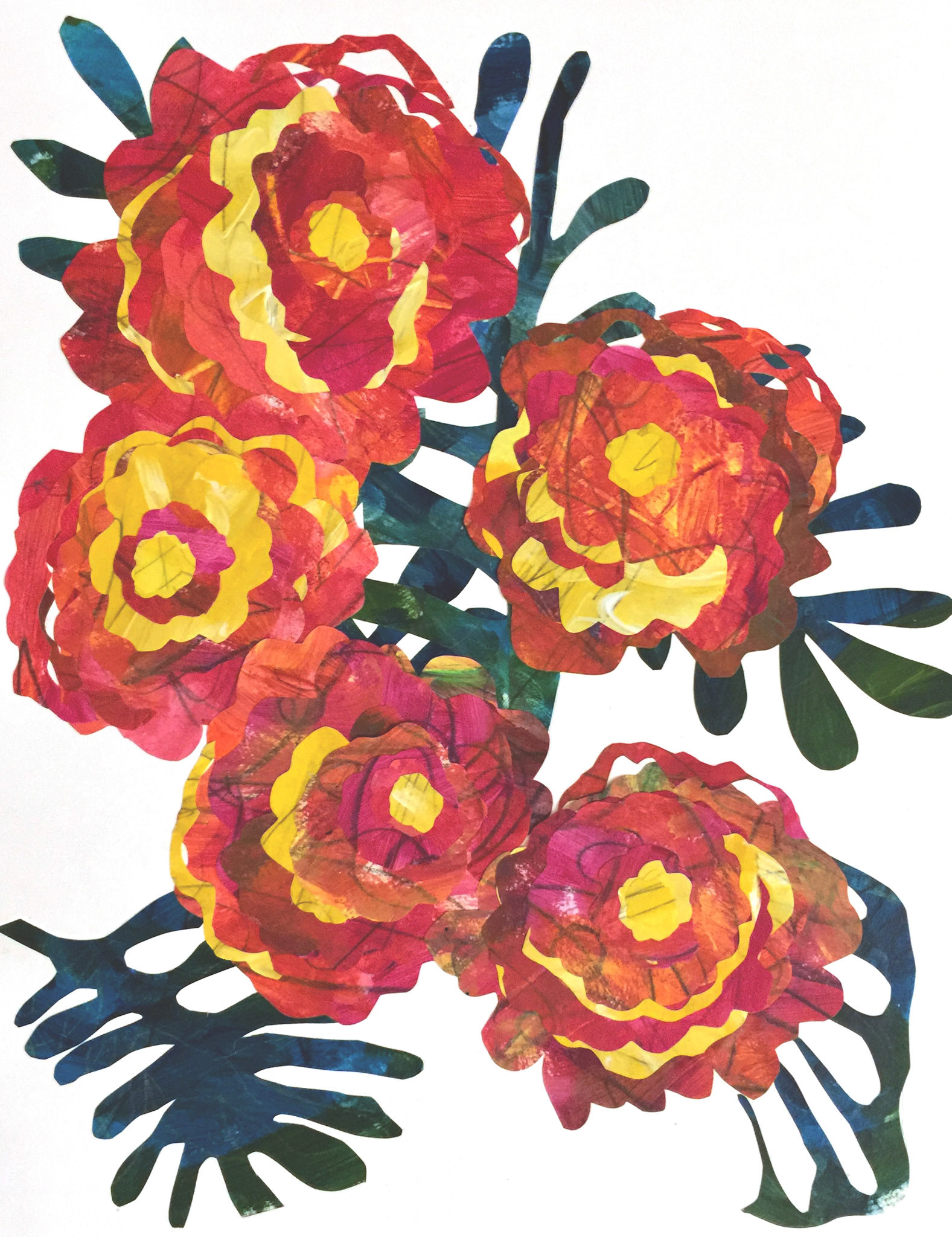 Marigolds, 2021, Paper Collage on Board, 20"x 15"