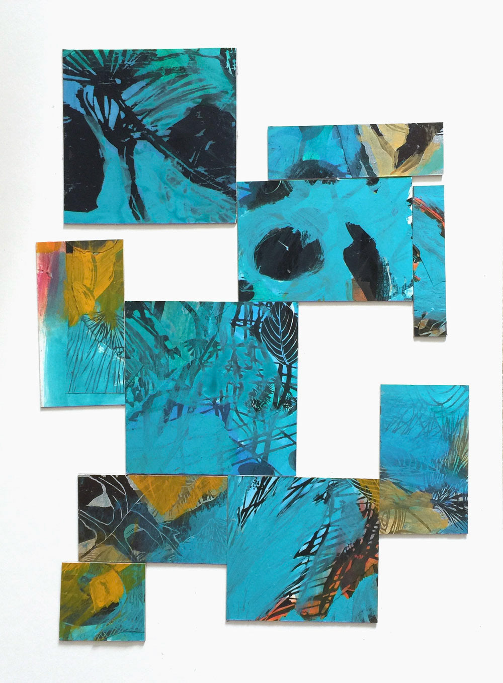 Traces of Fall, collage of recycled woodcuts, 20"x15"