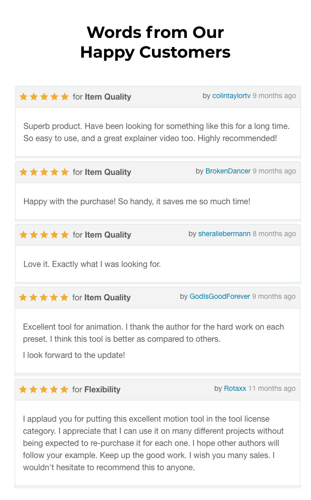 MegaMotion After Effects Presets Testimonials