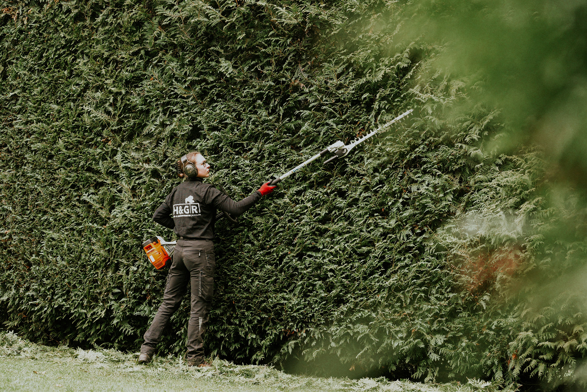 Eine Gärtnerin von HGR schneidet mit einer Heckenschere eine hohe Hecke.