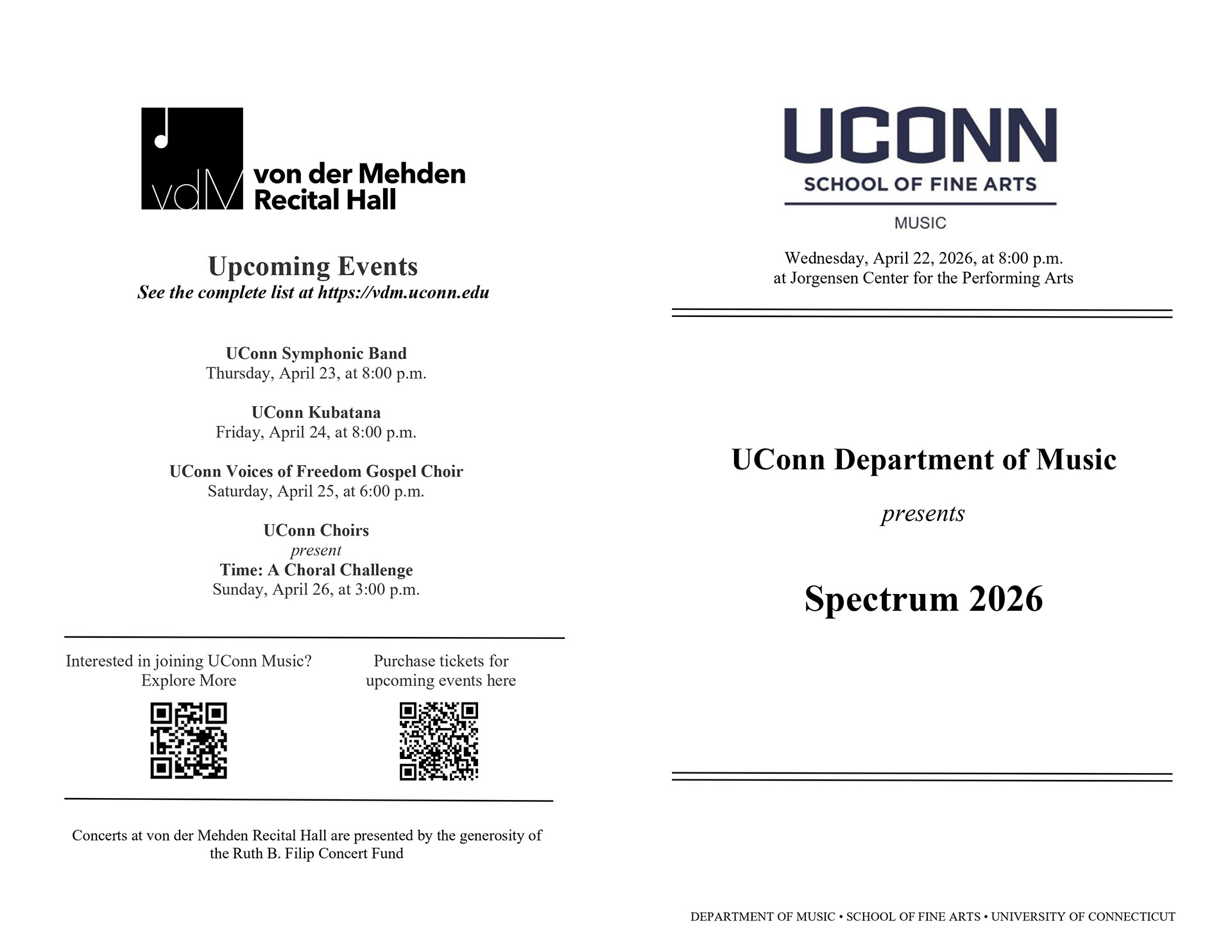 14 page print program for Spectrum 2026, a wide-ranging showcase of UConn’s ensembles.