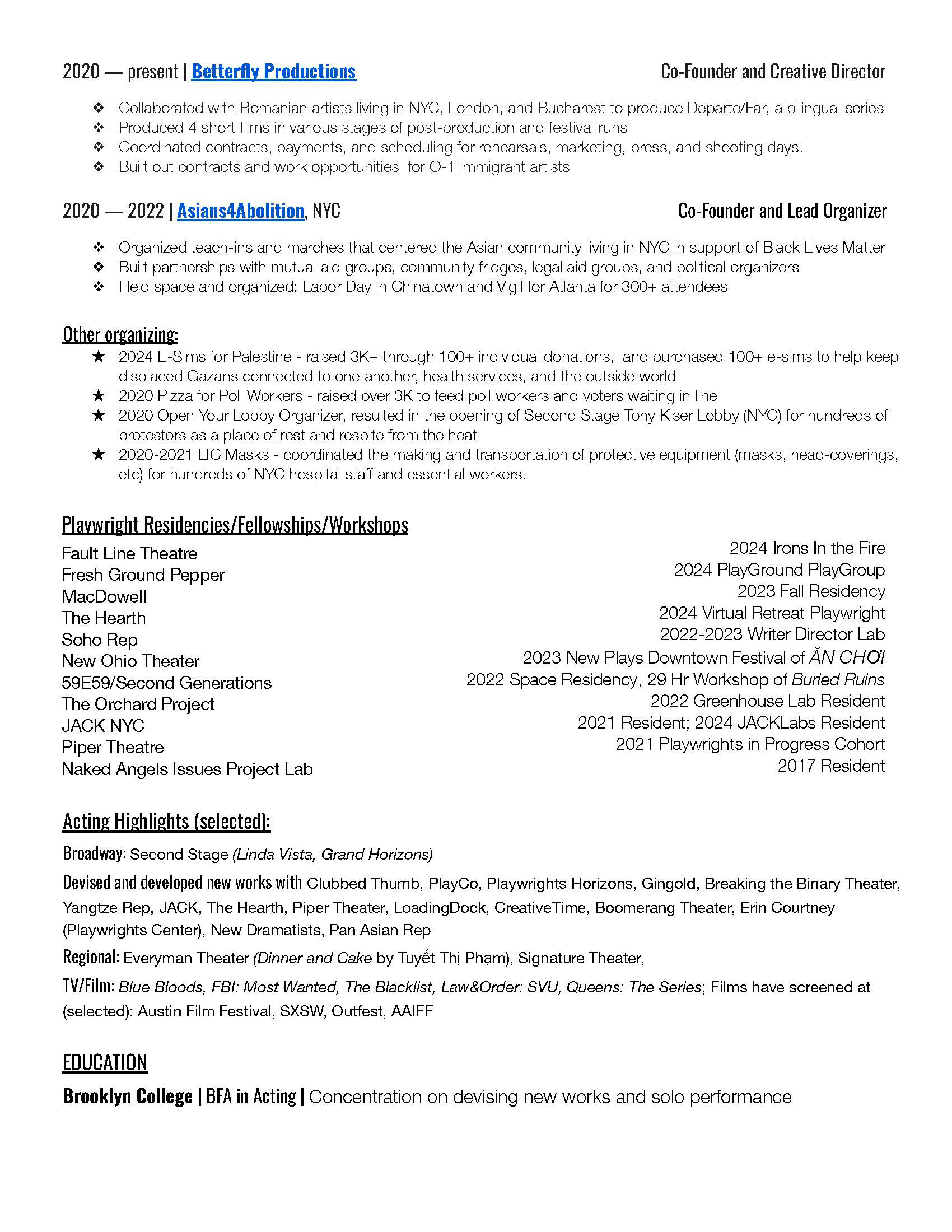 Artistic/Producing Resume