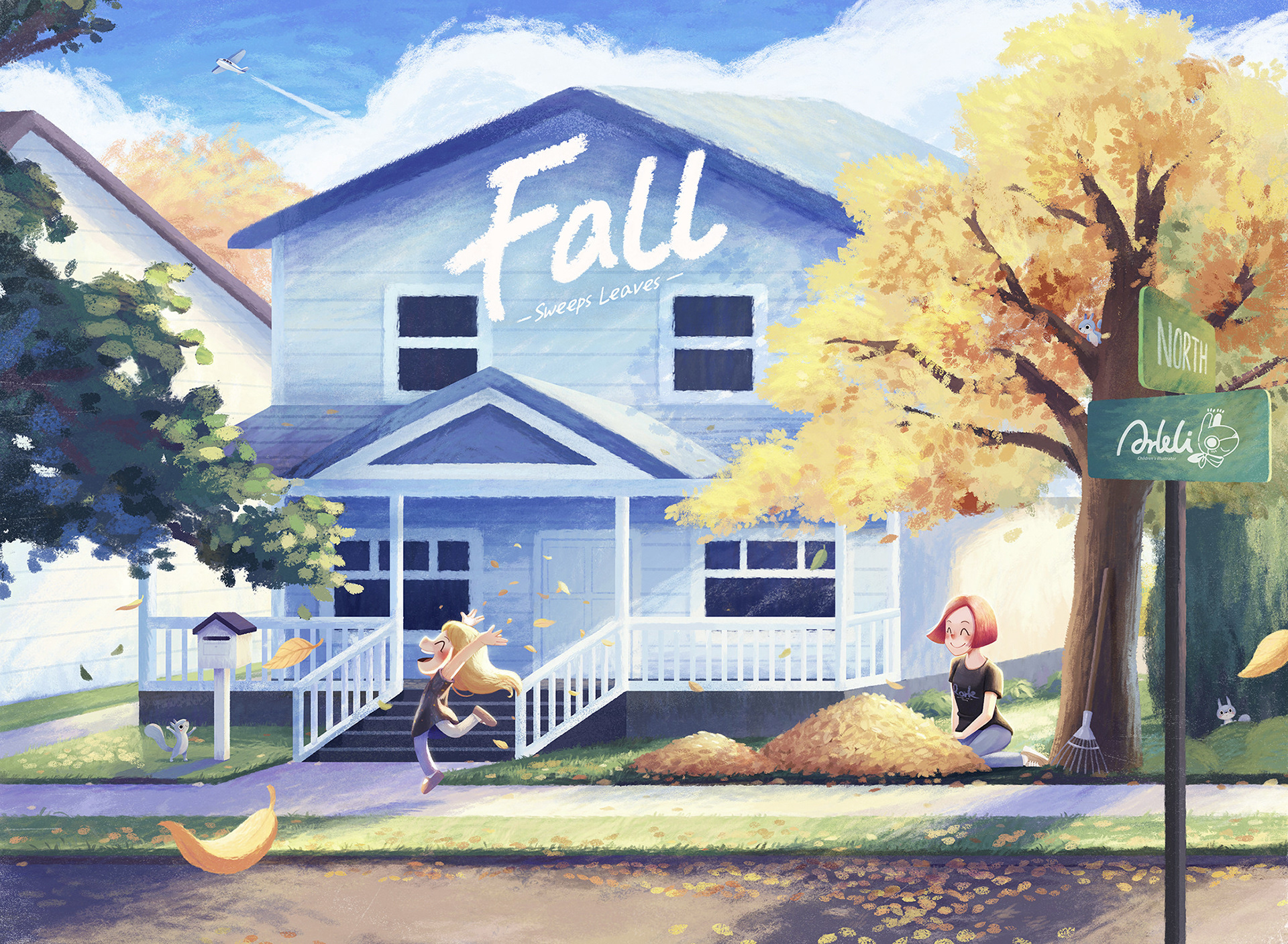 Sweeping leaves in the fall