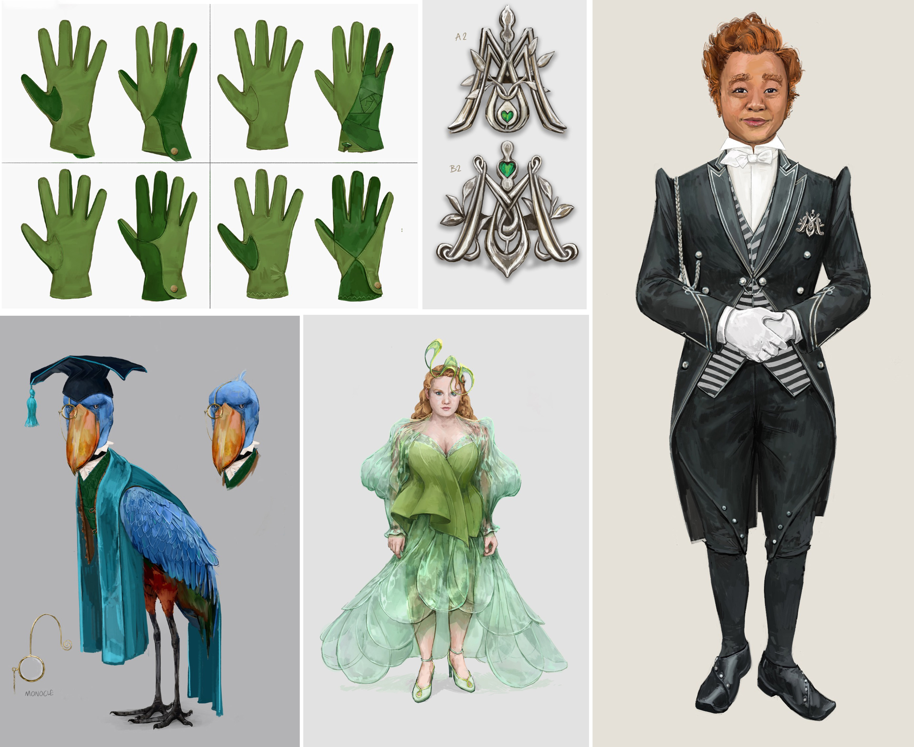 Wicked Concept Art, Wizard Gloves, Butler Badges, Shiz University Shoebill Professor Costume, Shenshen Wedding costume, Averic Butler Costume