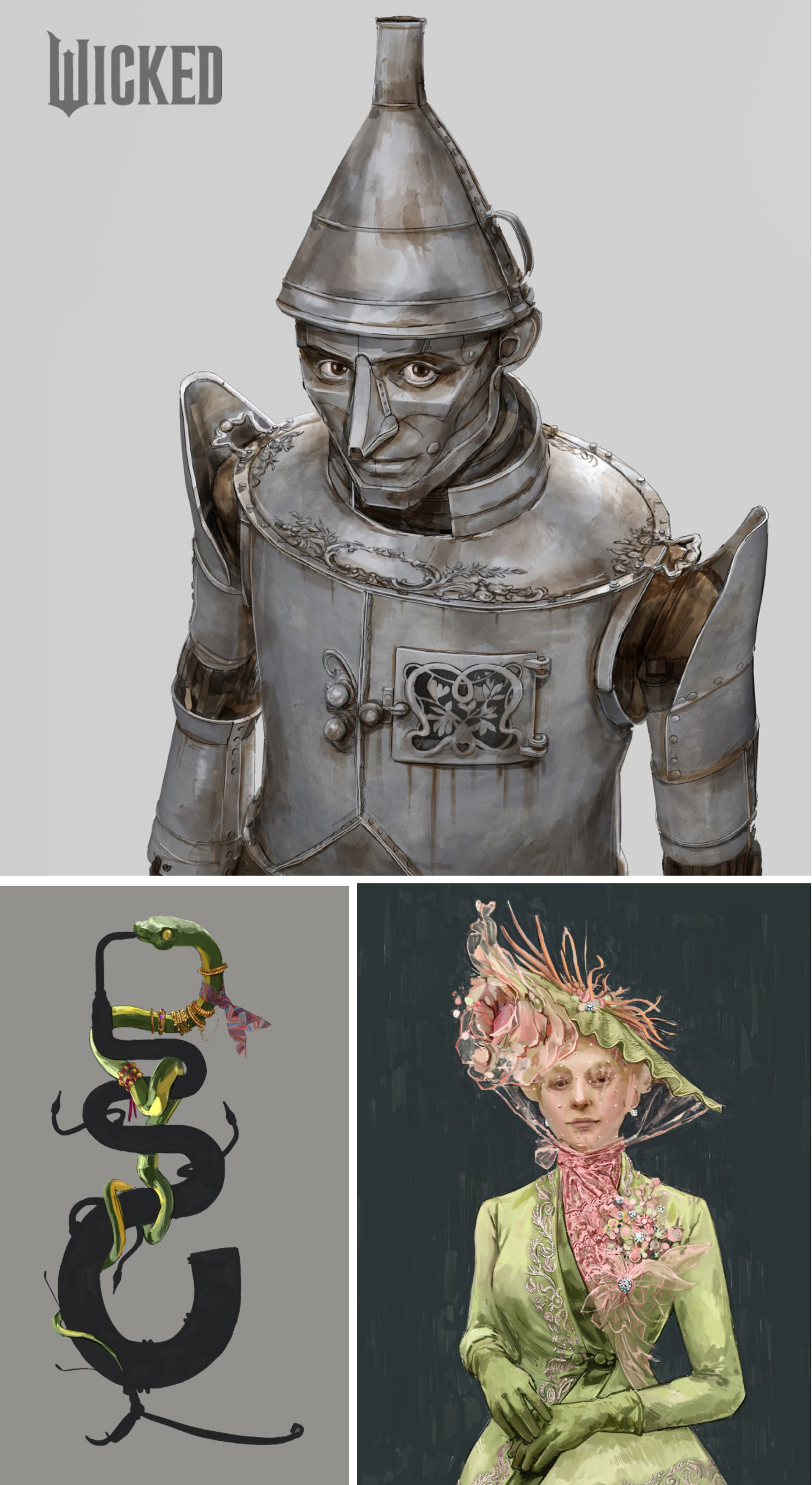 Wicked Concept Art, Tin man concept, Ozband snake, Galinda's mother