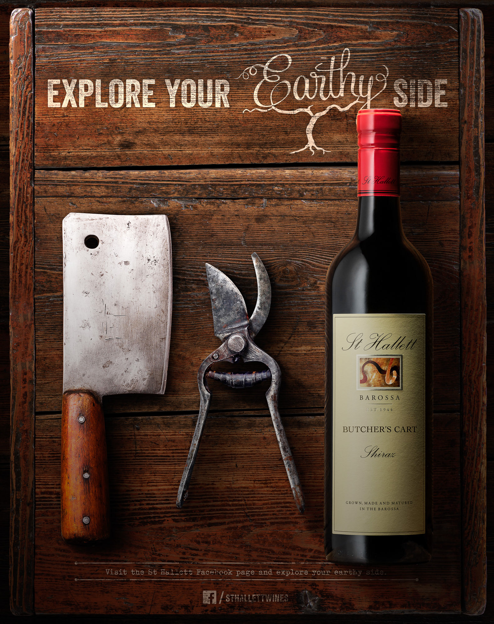 Explore your Earthy Side. Press advertising for St Hallett Wines. Creative retouching by Paul Munzberg.