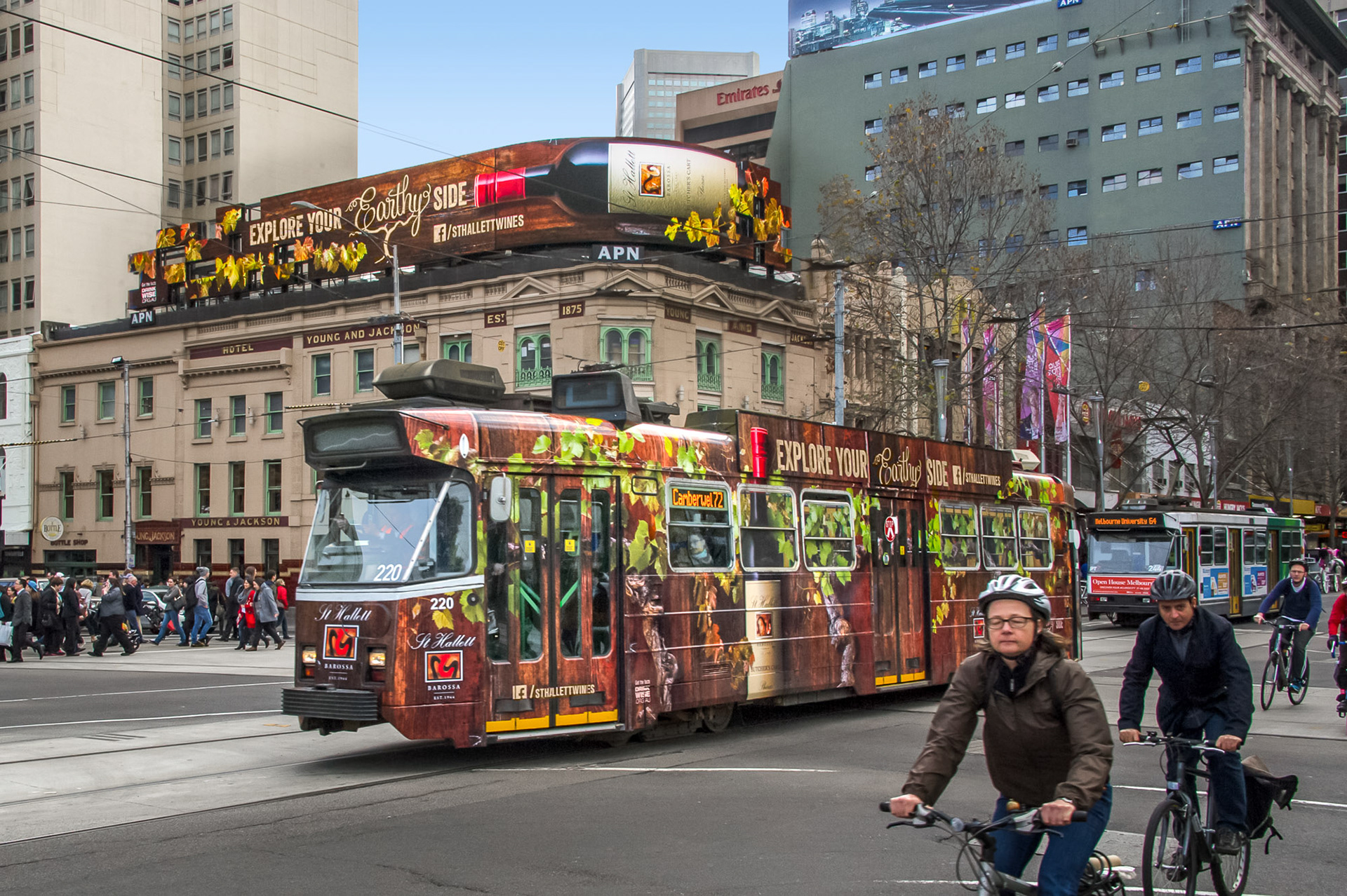 Explore your Earthy Side. Outdoor advertising for St Hallett Wines. Tram and Billboard retouched by Paul Munzberg