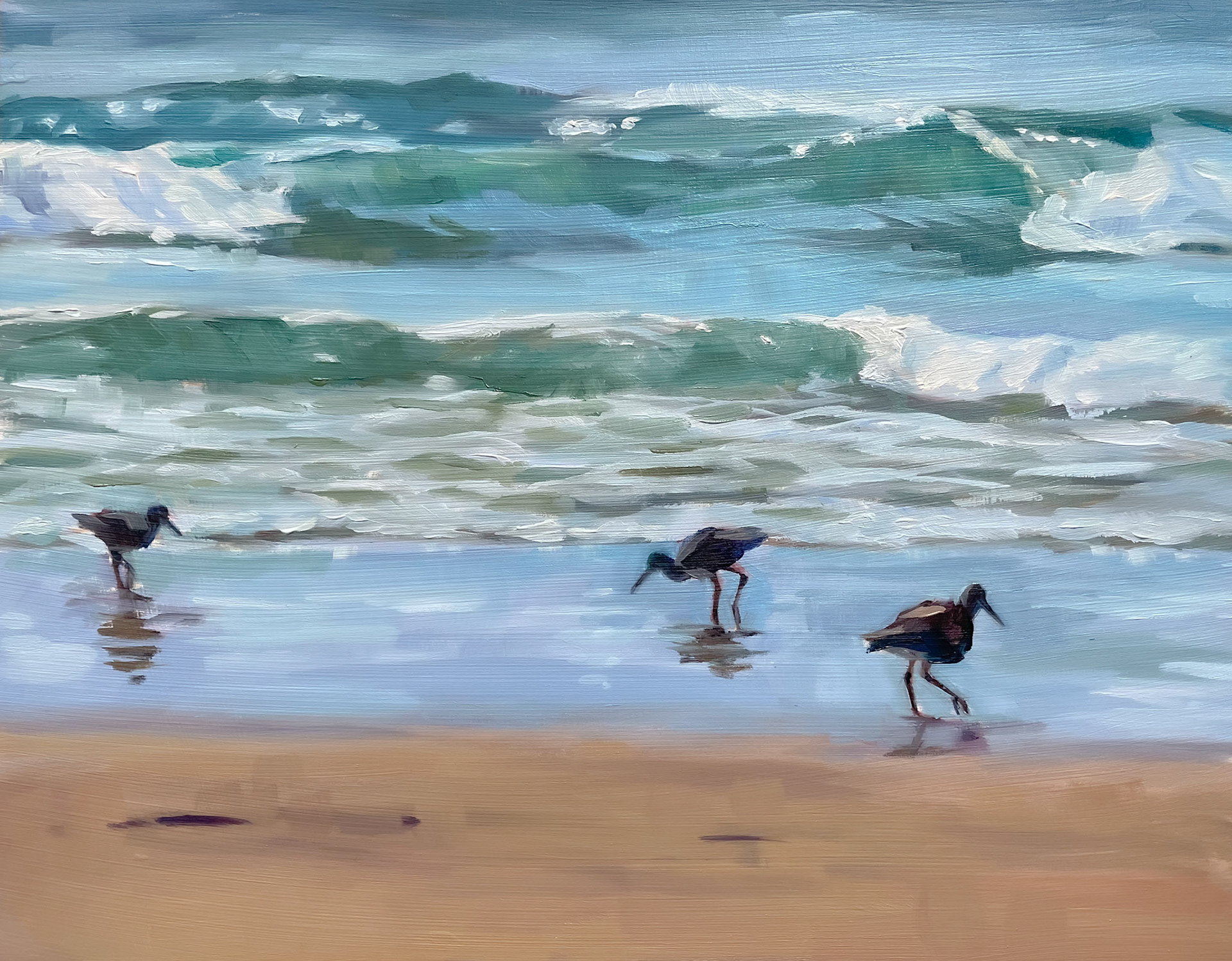 sand pipers manhattan beach 11" X 14" OIL ON PANEL