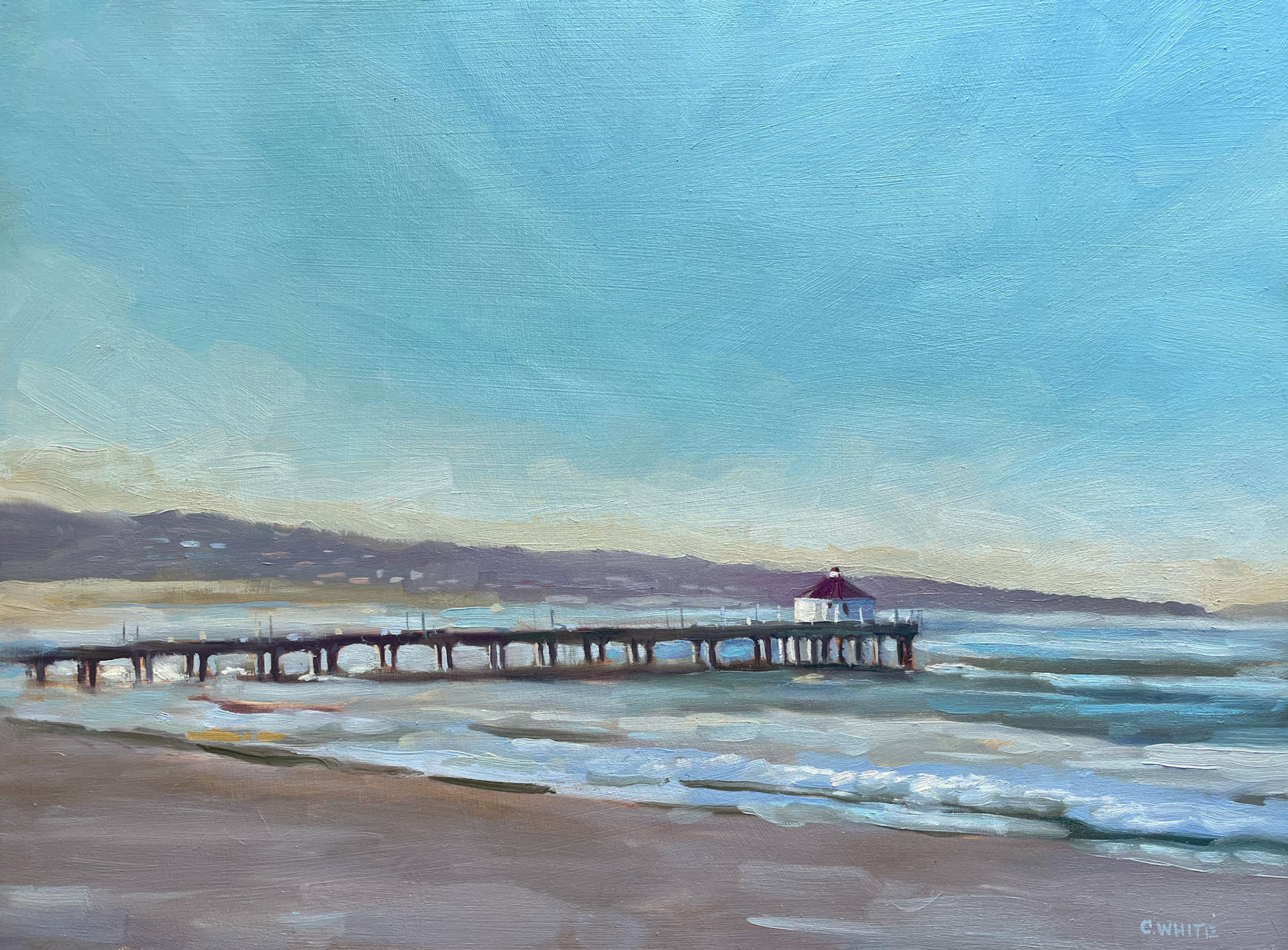 MANHATTAN BEACH PIER MORNING 16" X 12" OIL ON PANEL 