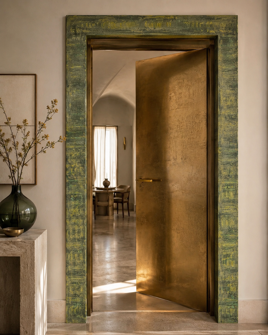 *The material sample is original. The interior visualisation is an AI-generated render.