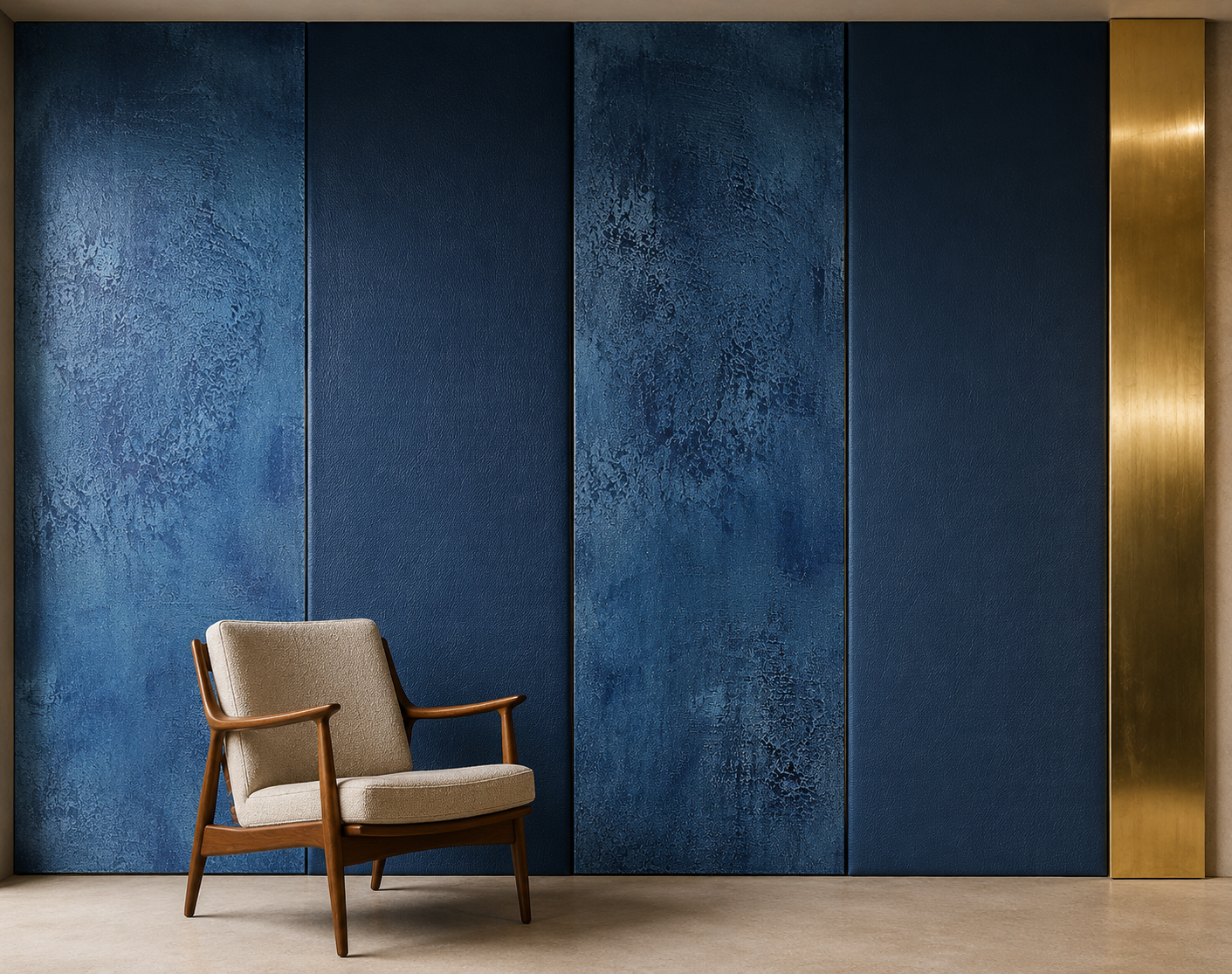*The material sample is original. The interior visualisation is an AI-generated render.