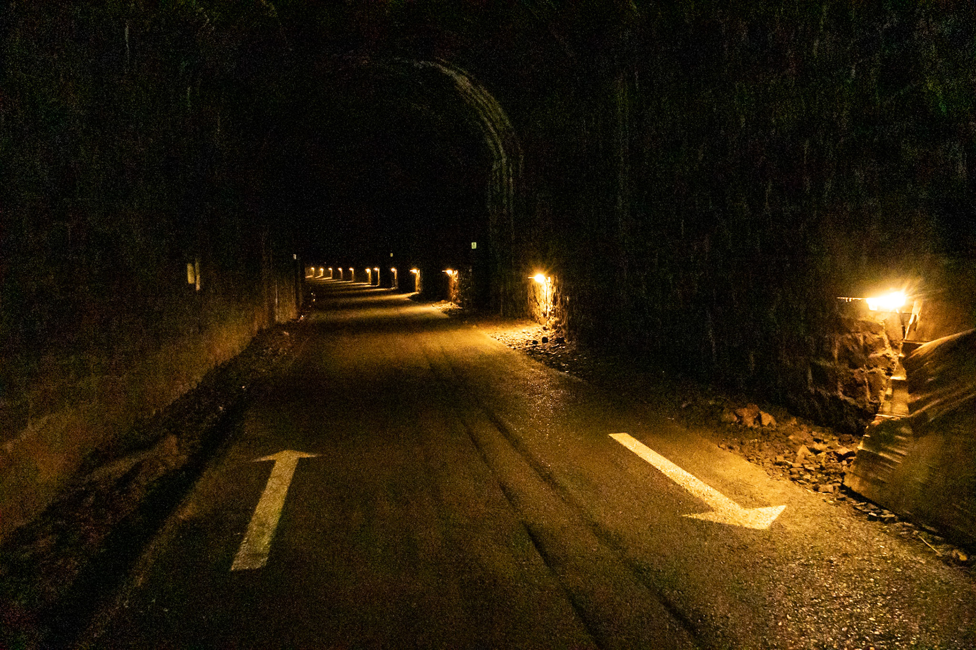 Tidenham Tunnel. Lights pointing down to protect the bats. No lights (including bike headlights) allowed