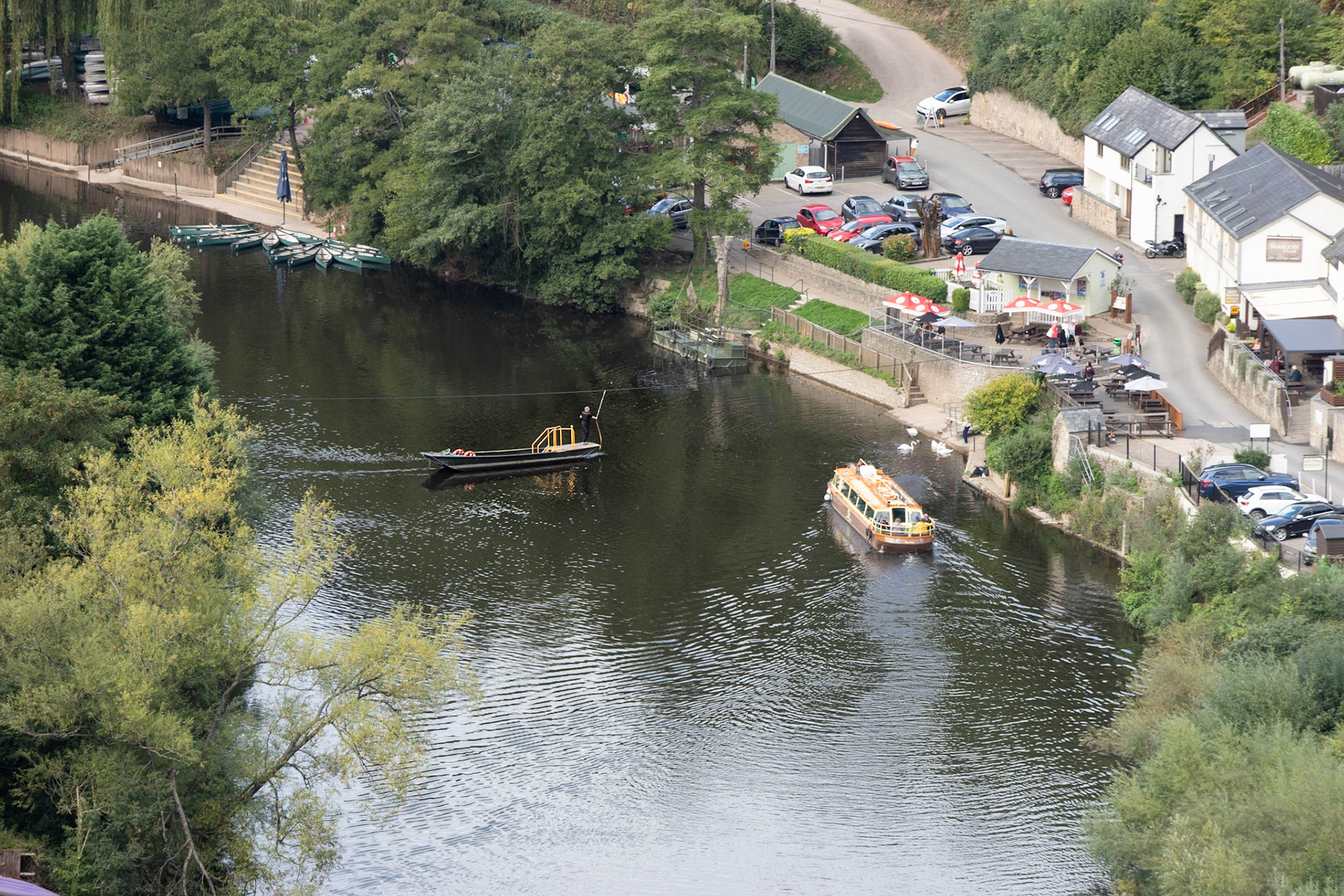 Symonds Yat from viewpoint. Hand-operated ferry visible in the middle. £2 each way for an adult