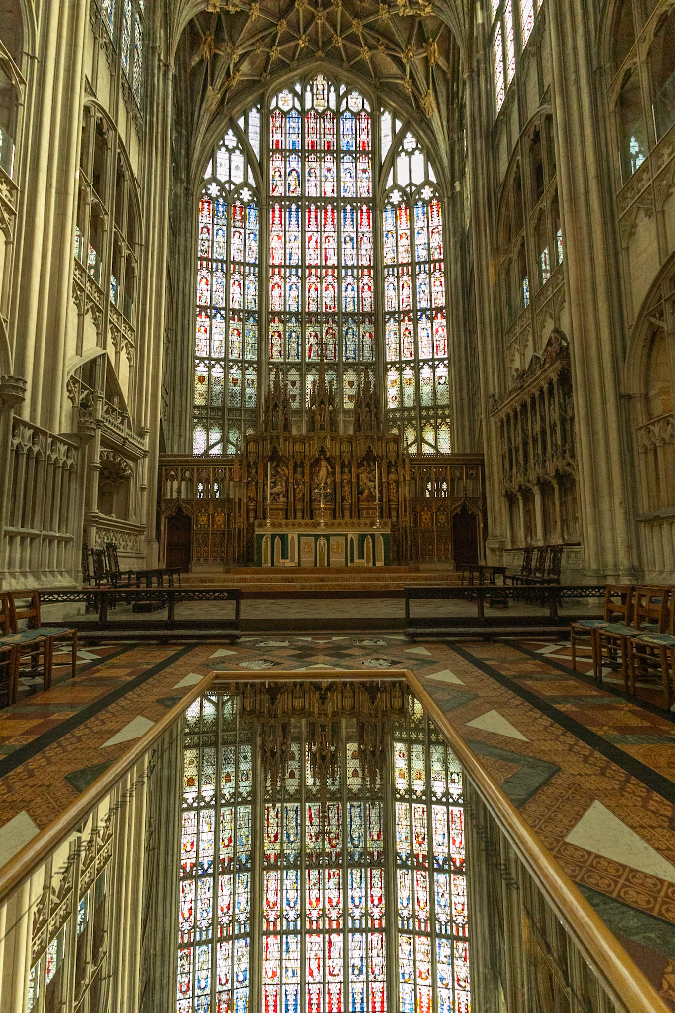 East window of Gloucester Cathedral. The size of a tennis court. Reflected to help people see the upper parts of the window and the ceiling