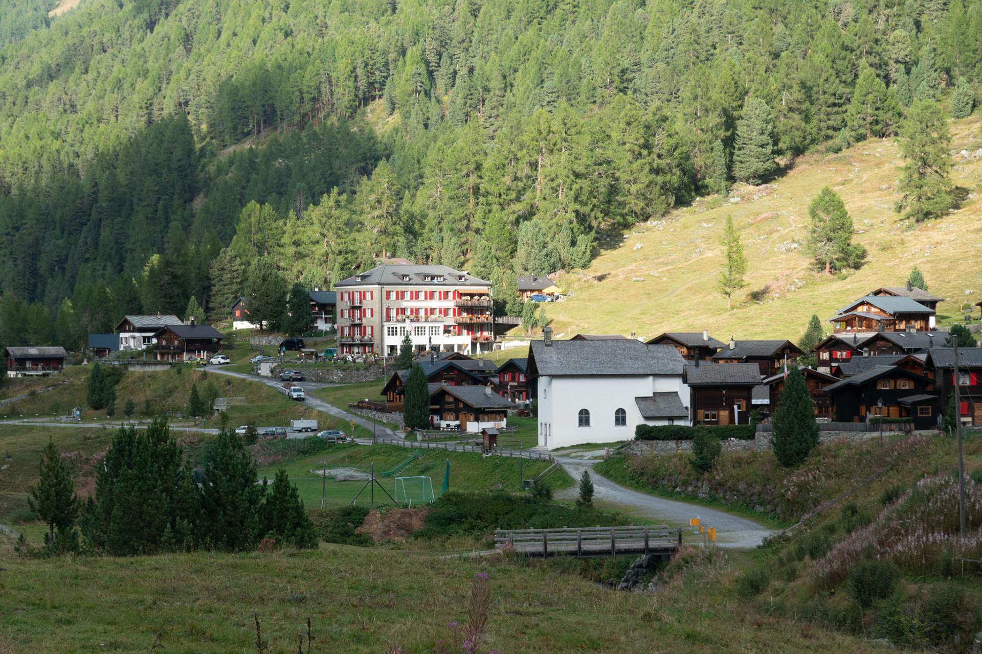 Our (very basic) hotel in Gruben. First bit of sun all day