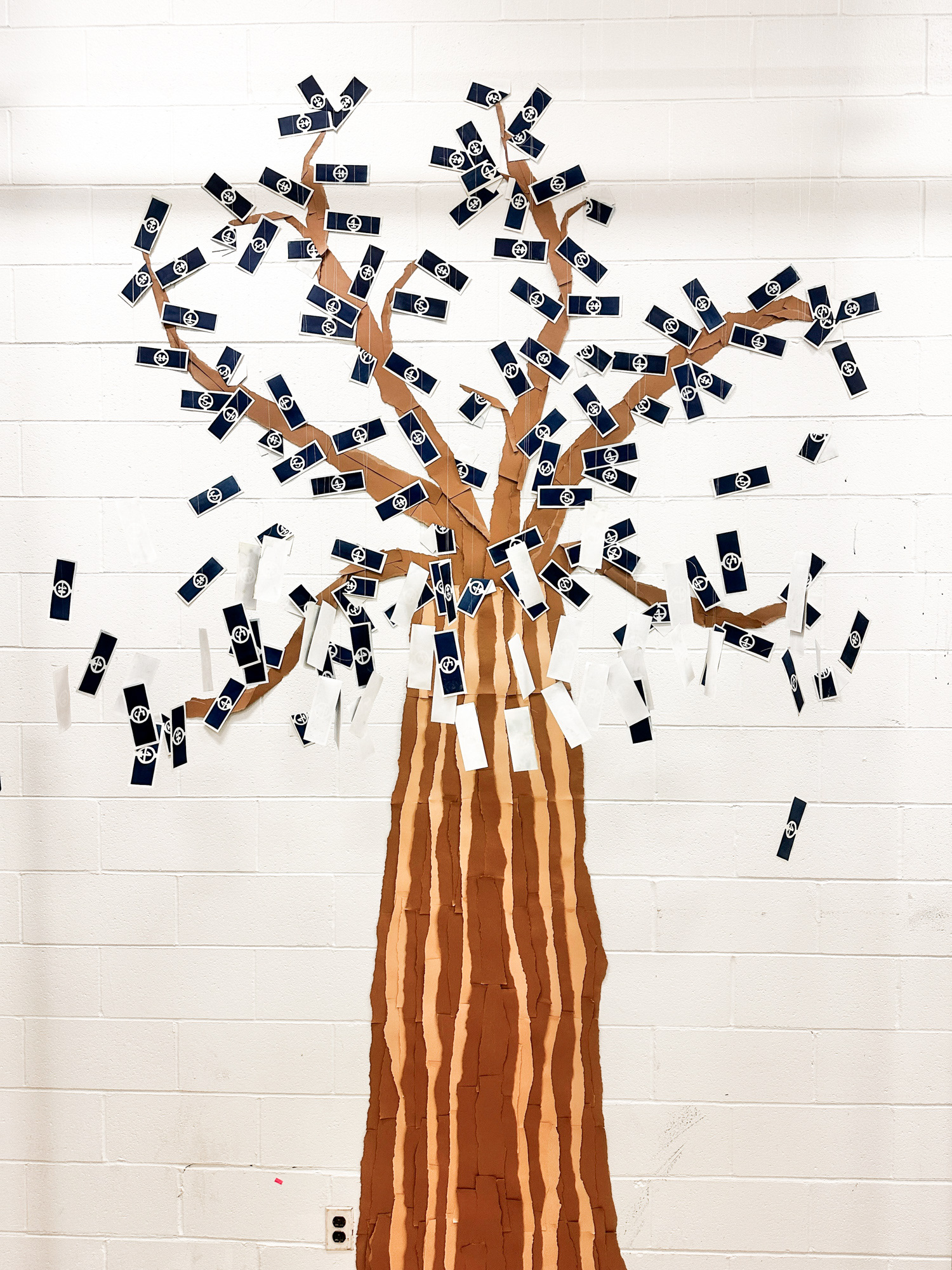 Money Tree, from "Blue Money", 2024, Construction paper & Cyanotypes on paper with fishing line, painters tape, roughly 6 x 12 ft.