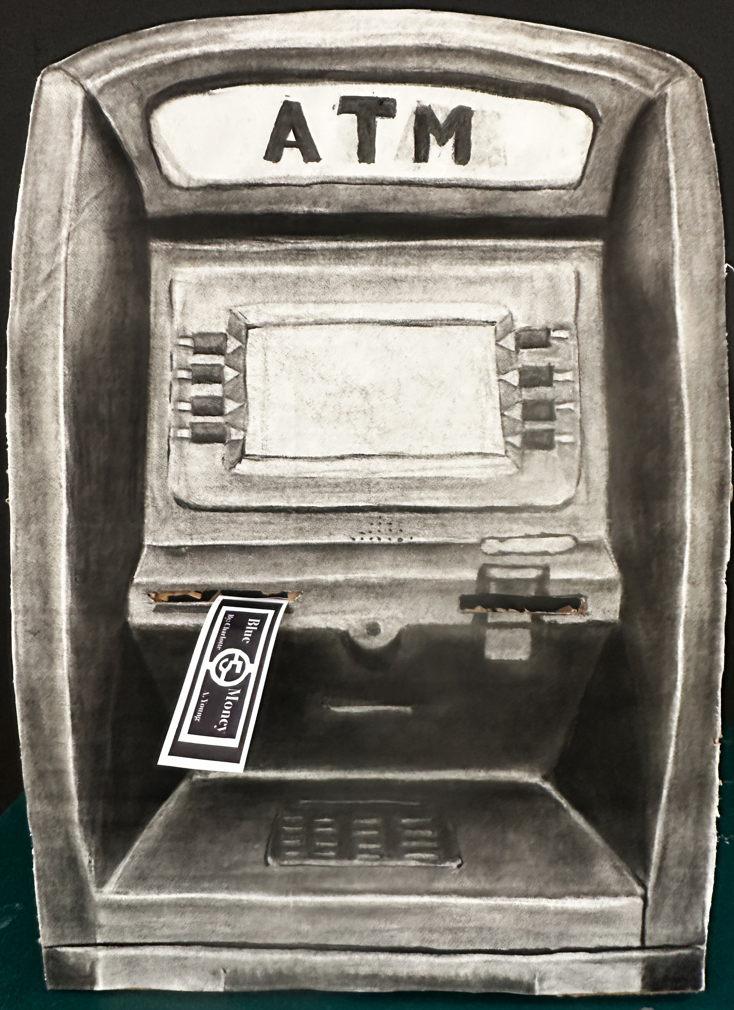 ATM, from "Blue Money", 2024, Charcoal drawing and Stickers, 18 x 24 in.