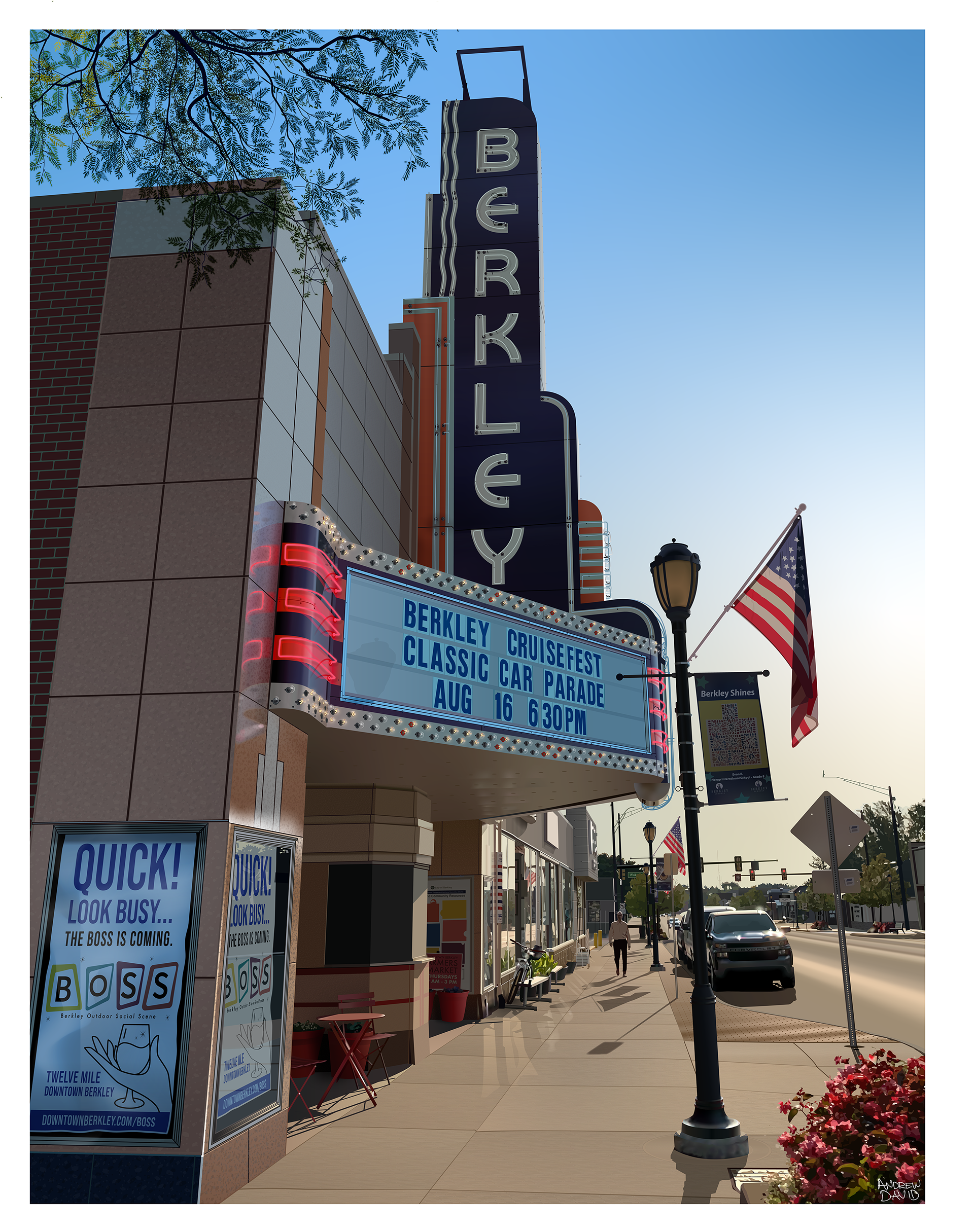 Vector illustration of the Berkley Theater marquee and streetscape in downtown Berkley, Michigan.