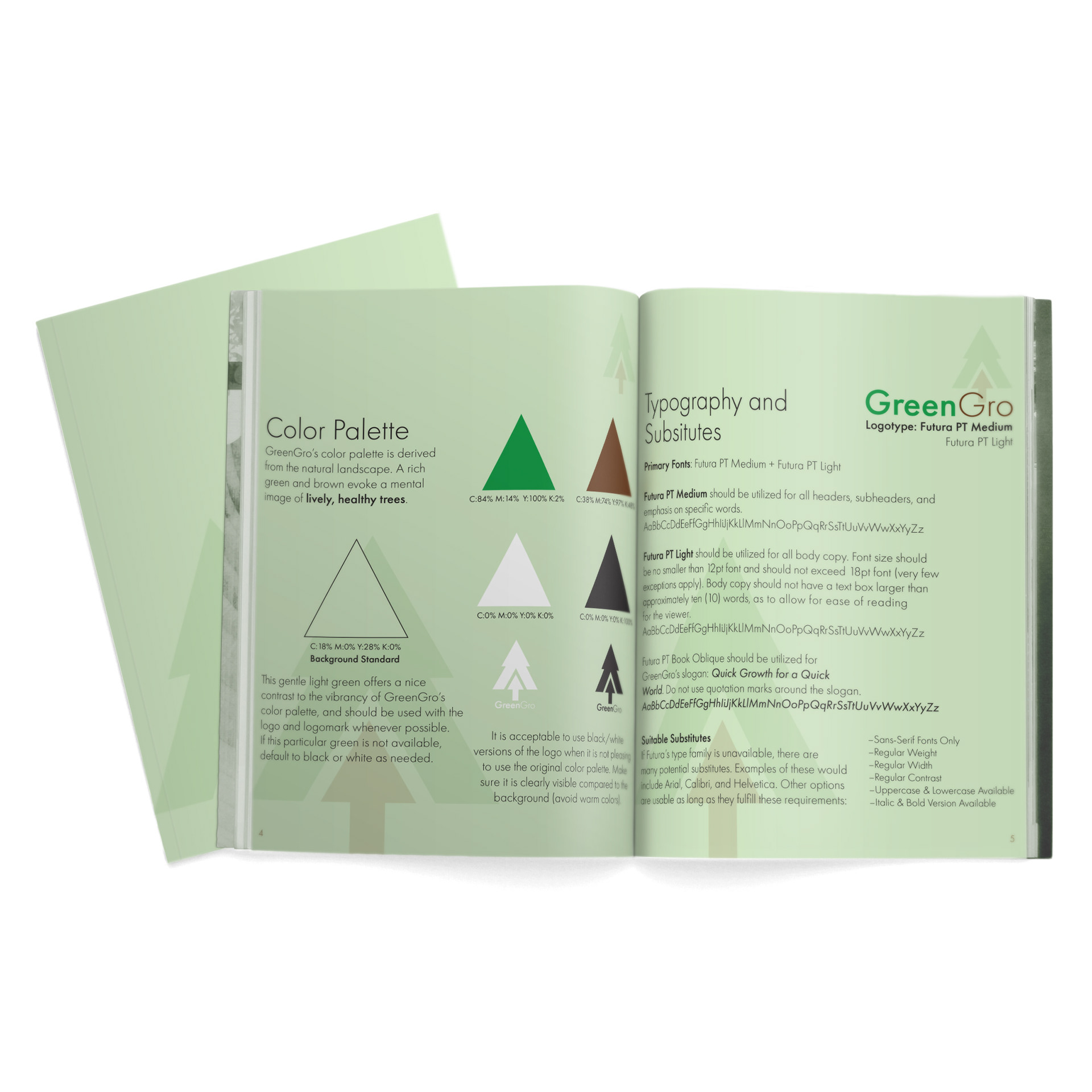 This spread includes details on the color palette and the typography guidelines of the GreenGro brand.
