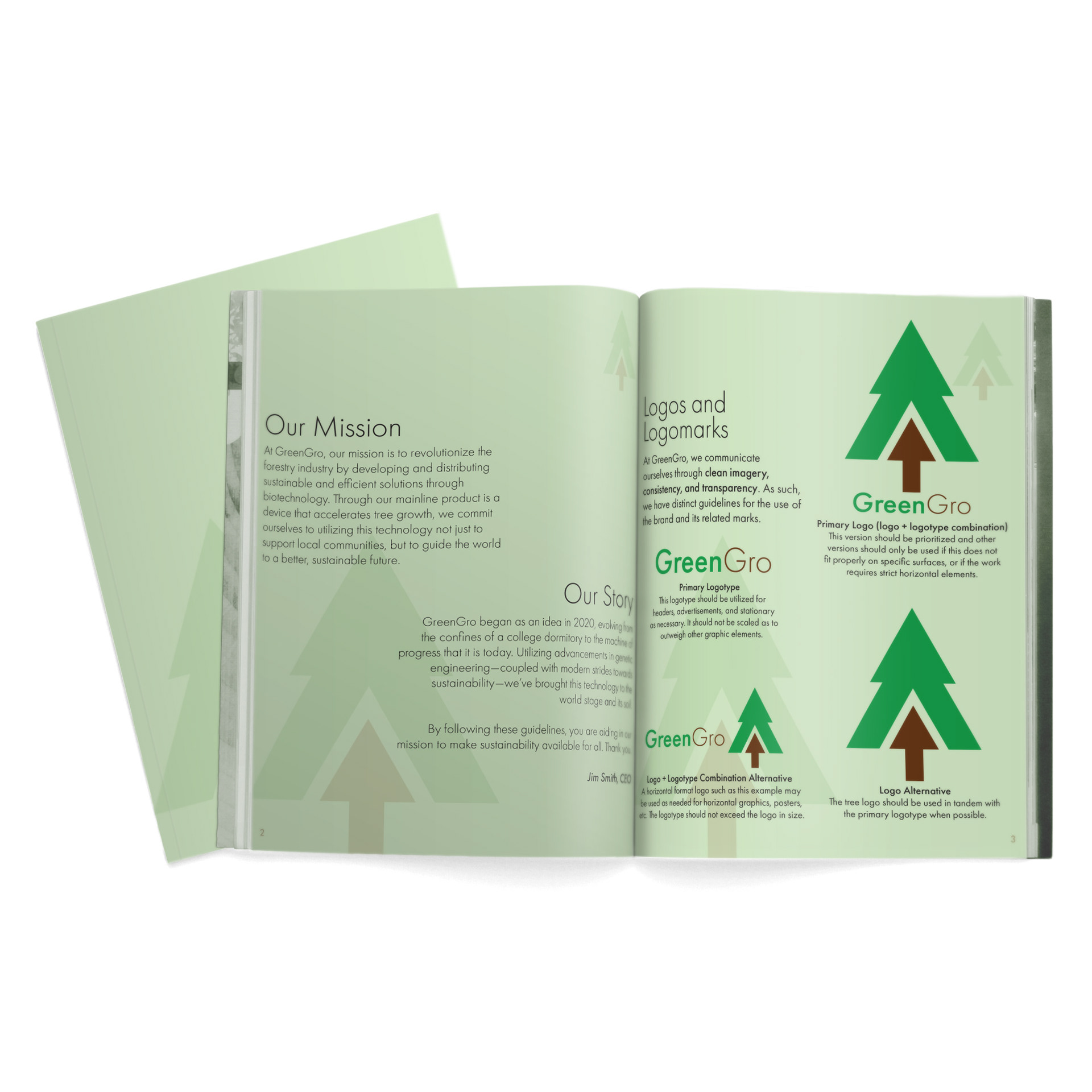 This spread includes details on the mission and history of the company, and also guidelines for use of the logo and logotype of GreenGro.