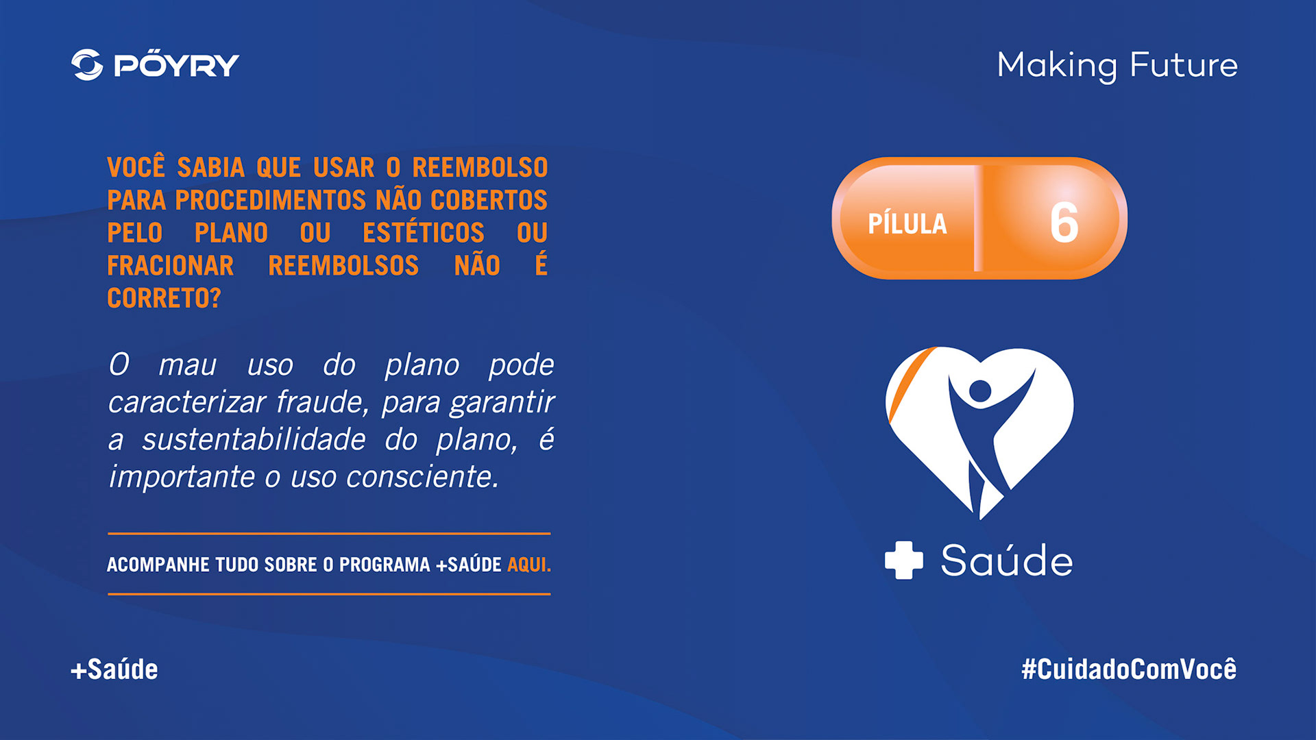 Você sabia que usar o reembolso para procedimentos não cobertos pelo Plano ou estéticos ou fracionar reembolsos não é correto? O mau uso do plano pode caracterizar fraude, para garantir a sustentabilidade do plano, é importante o uso consciente.